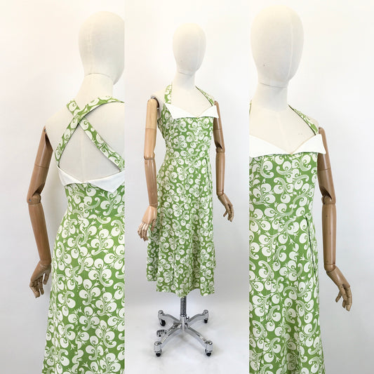 Original 1940's Sublime Linen Sun Dress - In A Zesty Lime Green & Crisp White