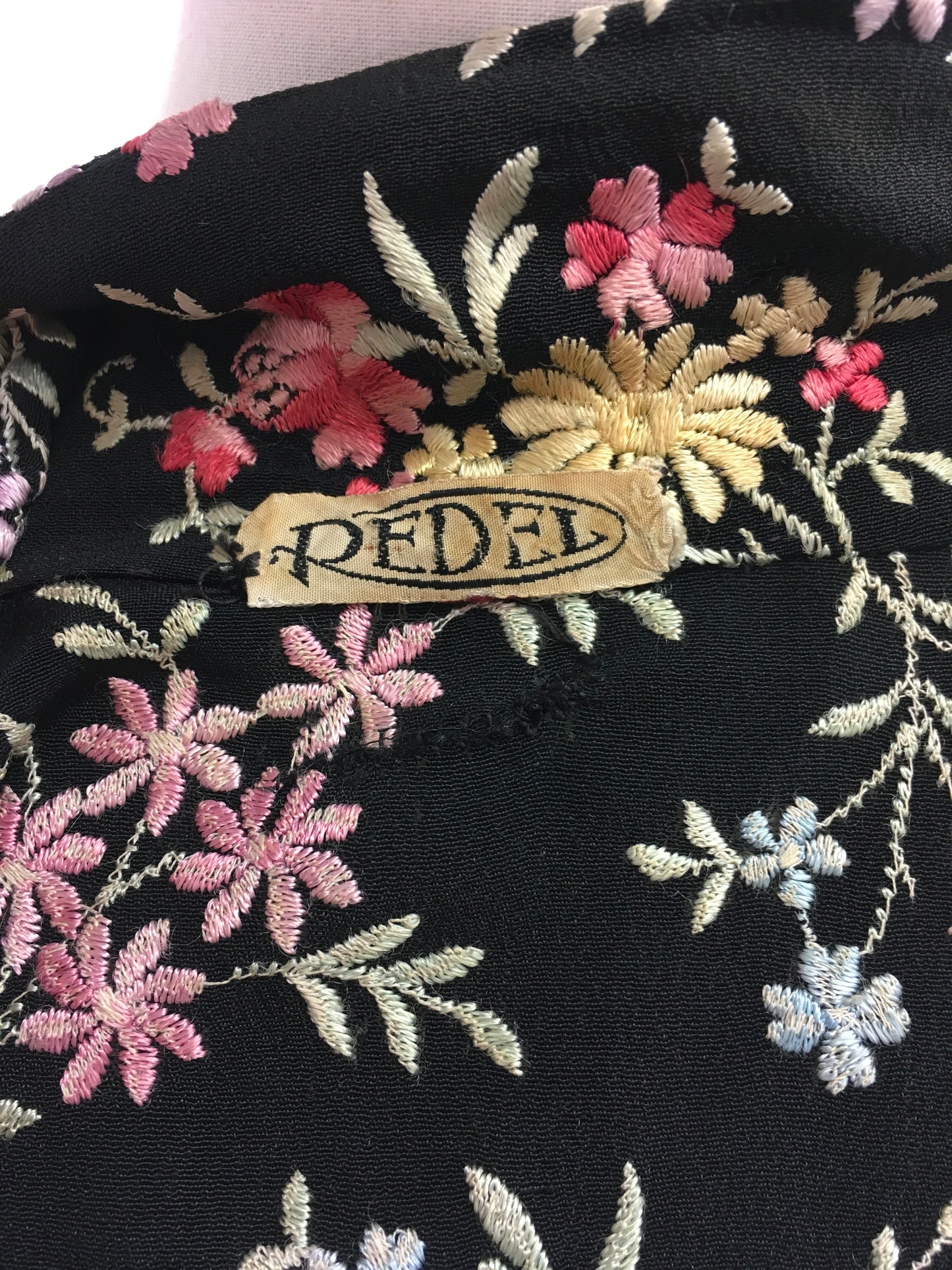 Original 1930’s Black Crepe Embroidered Blouse with Bows - In A Wild Flower Meadow Colour Pallet