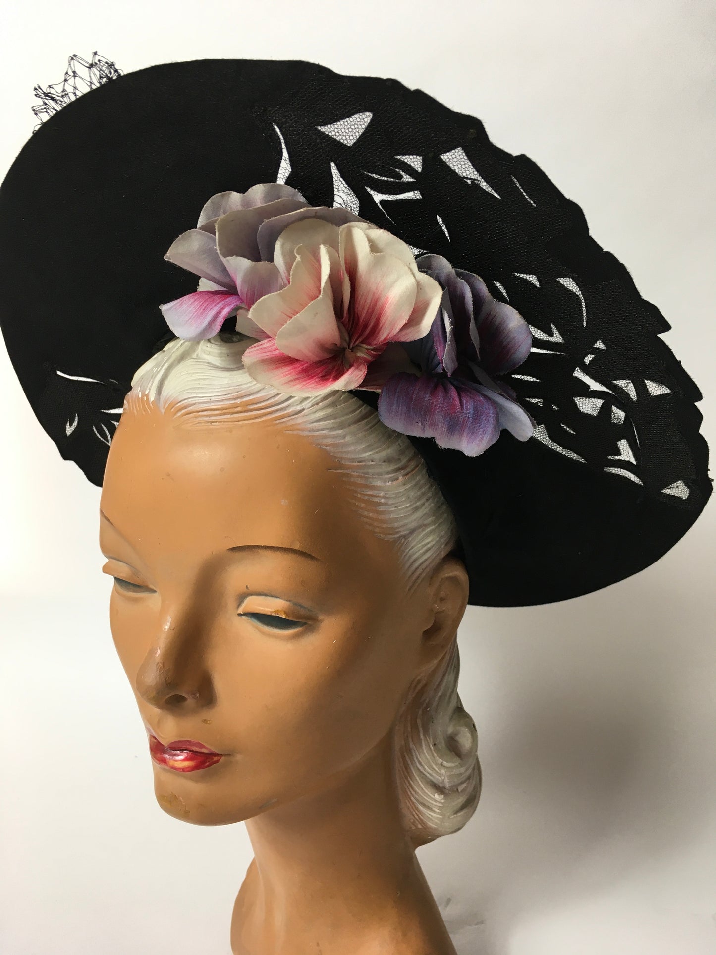 Original 1940’s Black Halo Hat - Illusion cutwork detailing and Floral Adornment