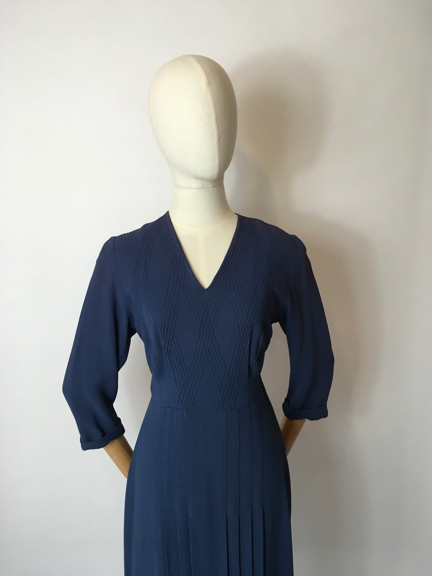 Original 1940’s Airforce Blue Crepe Day Dress - Lovely Criss Cross Detailing to the Bodice