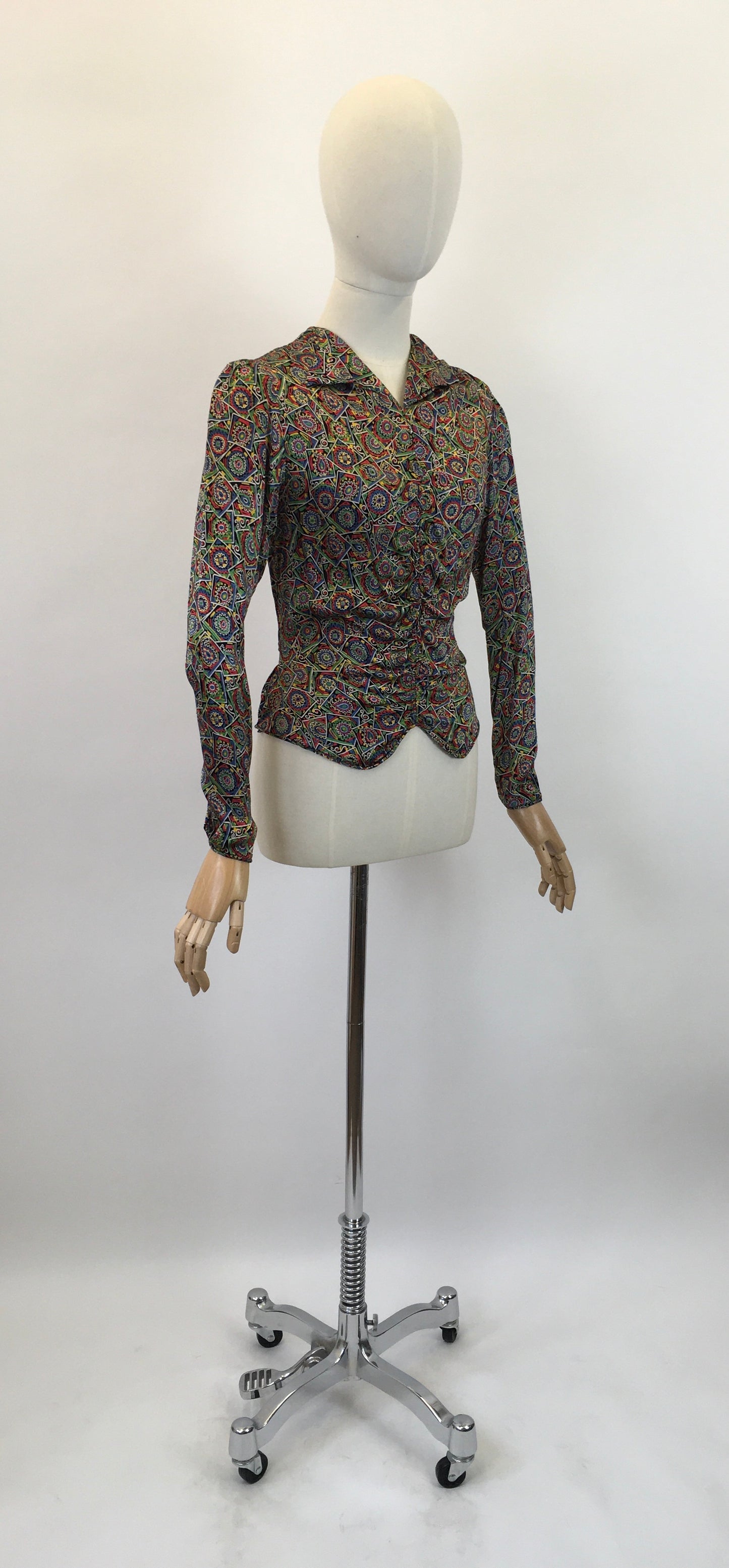 Original 1930's Sensational Rayon Blouse with Exquisite Detailing - In Vivid Reds, Blues, Yellows, Greens, Black & White