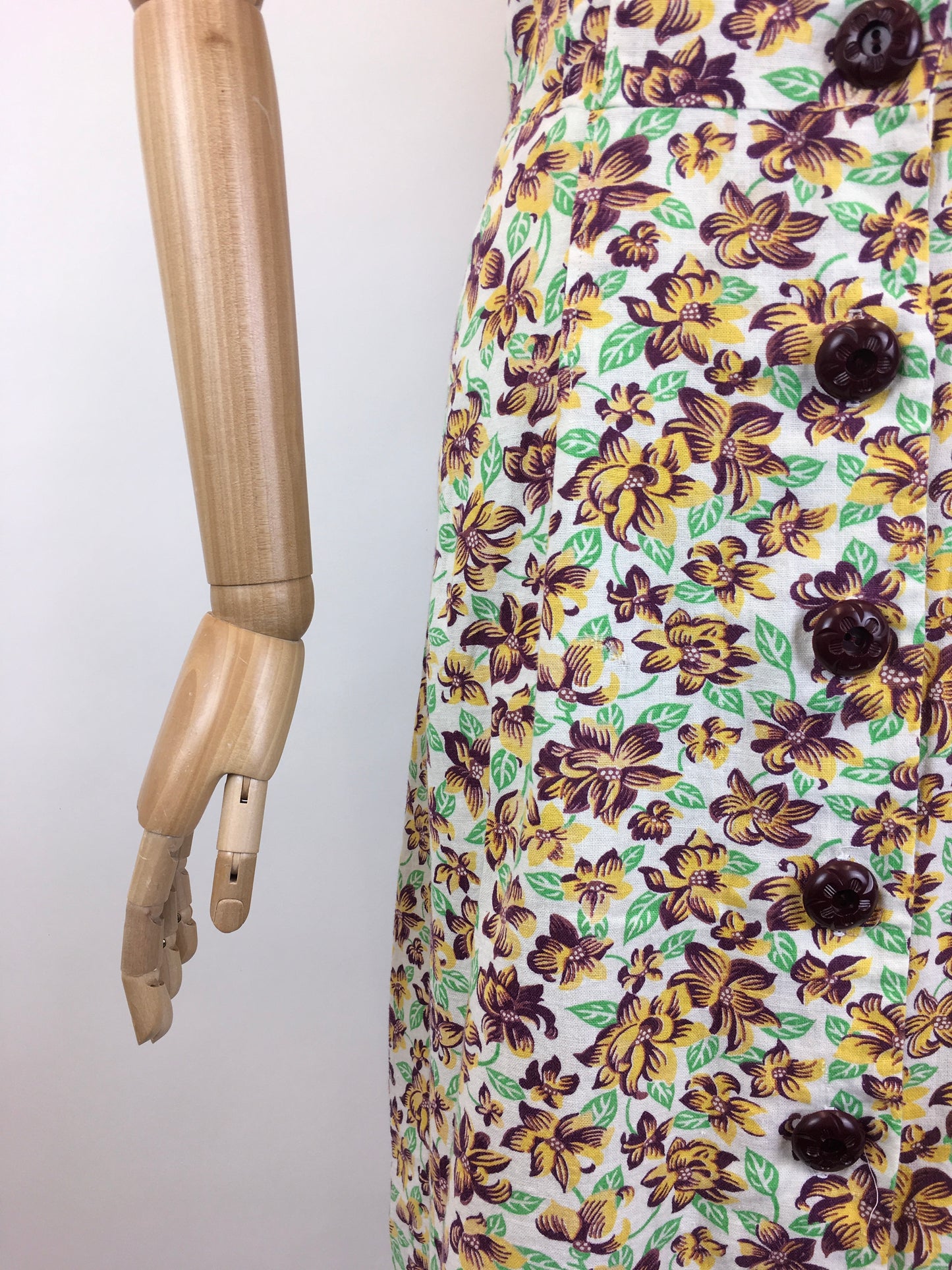 Original Late 1930’s Floral Print Button Down Front Dress - In Yellows, Maroons and Greens on Ivory