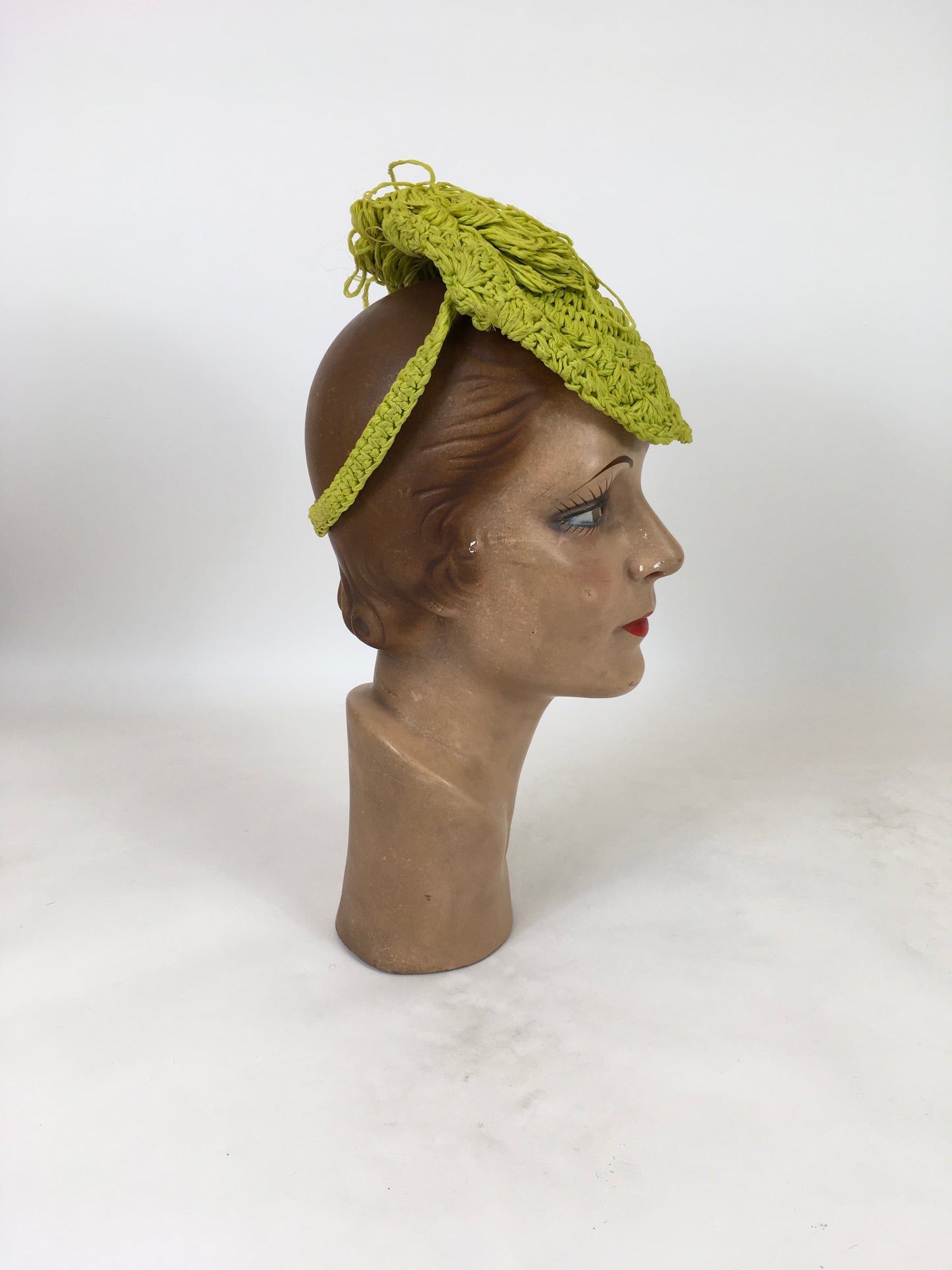 Original 1940's Fabulous Popcorn Crochet Headpiece - In A Sublime Chartreuse