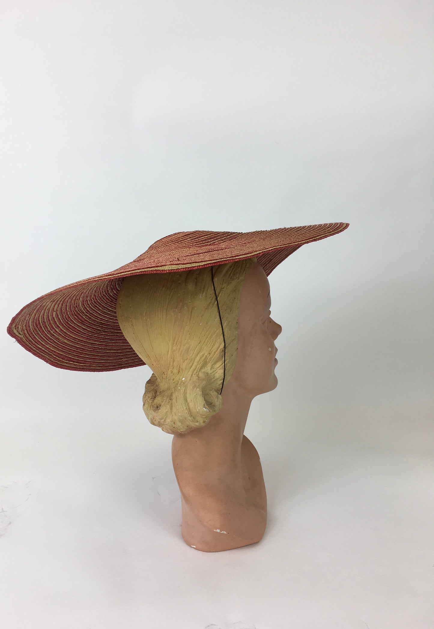 Original 1940’s Wide Straw Sun Hat - In A Beautiful Red & Natural Straw