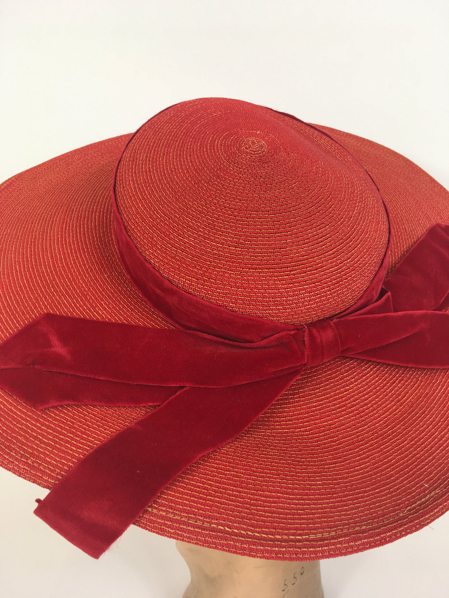 Original 1940’s SENSATIONAL Large Straw Hat - In Red With Contrasting Velvet Bow Trim