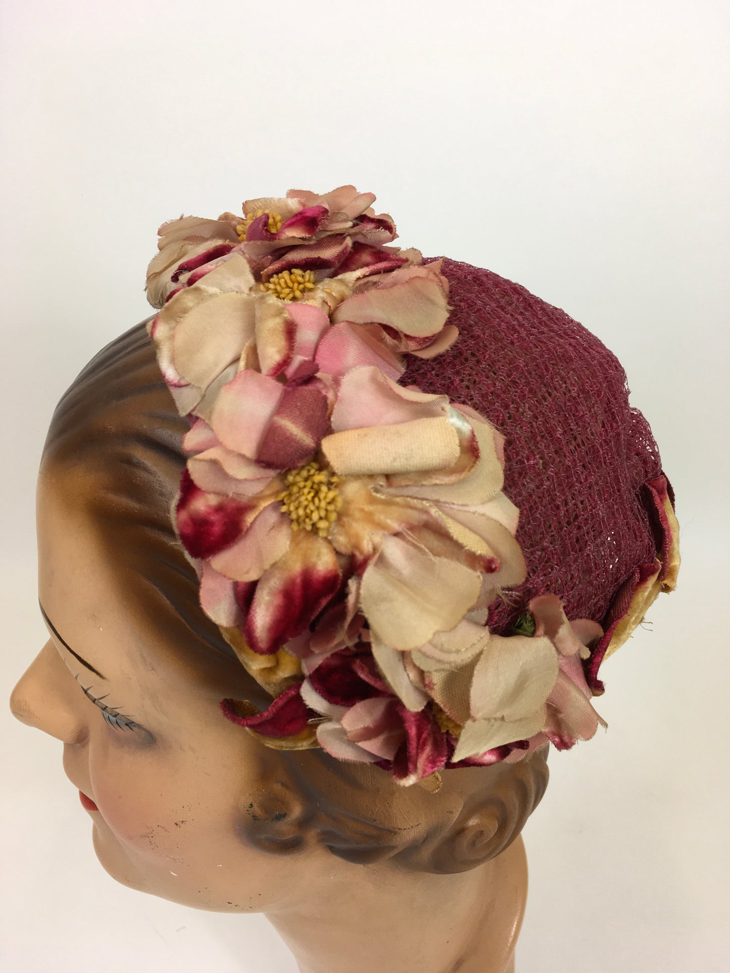 Original 1950’s Darling Floral Headpiece - In Pinks, Berries and Cranberries