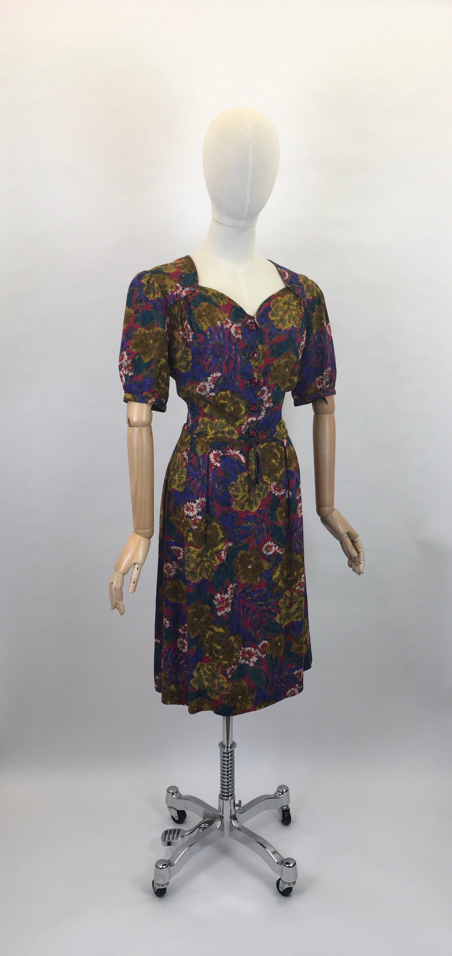 Original 1940s Beautiful Day Dress - In a Lovely Floral in Deep Reds,Mustards, Rich Purples and Stencilled Blacks