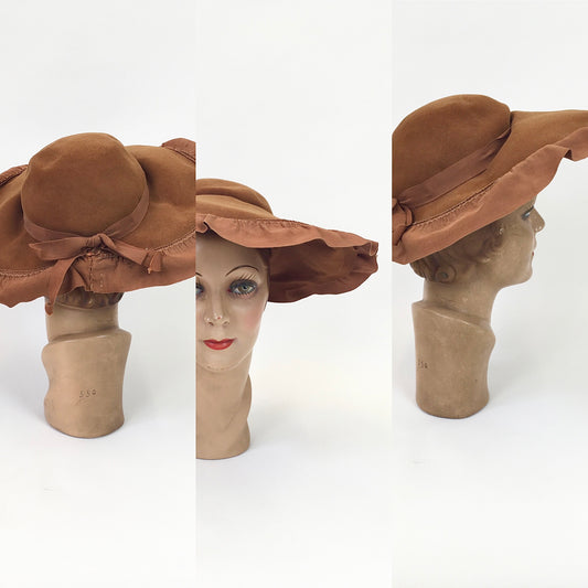 Original 1940's Sensational Brimmed Hat - In Warm Cinnamon With a Ruffled Trim