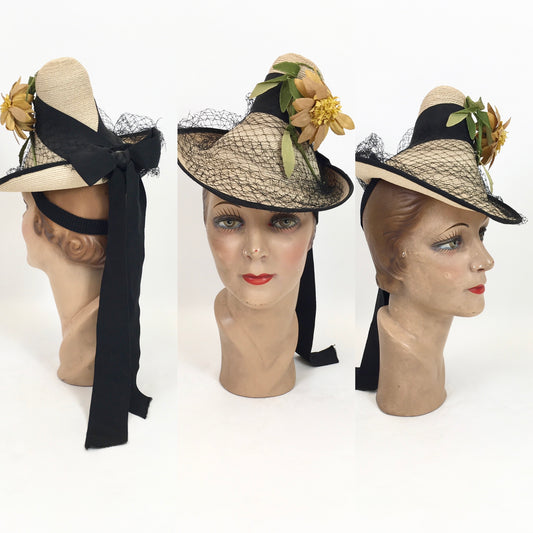 Original 1940's Sensational Natural Funnel Topper - With Floral Millinery, Veiling and Tails