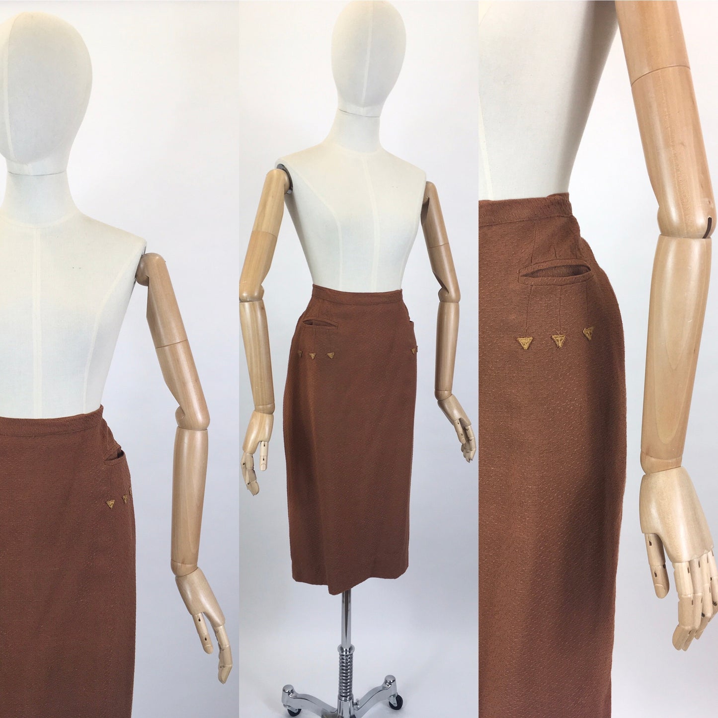 Original 1940s Pencil Skirt in a Heavyweight Linen - In A Lovely Warm Rust Brown With Arrow Detailing