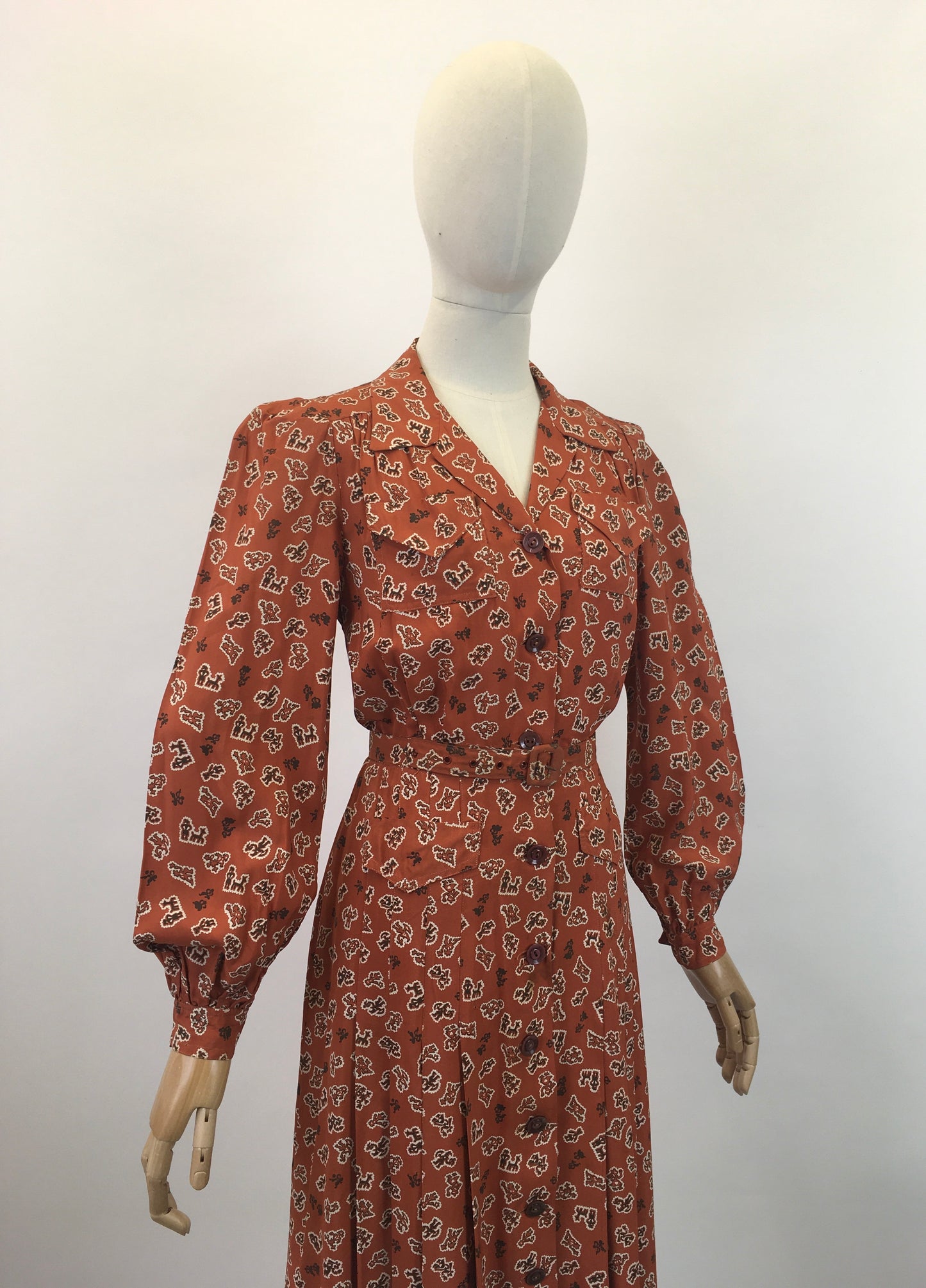 Original 1940's Gorgeous Novelty Print Dress - In A Cinnamon, Black and White Crepe De Chine