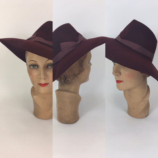 Original 1940’s SENSATIONAL Deep Wine Brimmed Fedora - With Grosgrain Ribbon Banding