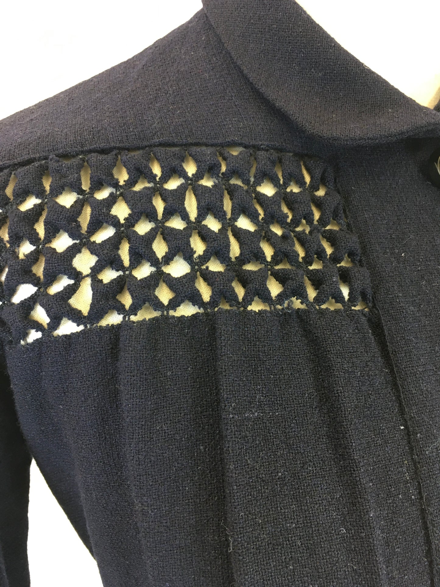 Original 1940’s Fabulous Navy Wool Dress - With Peter Pan Collar, Lattice Work and Pleated Detailing