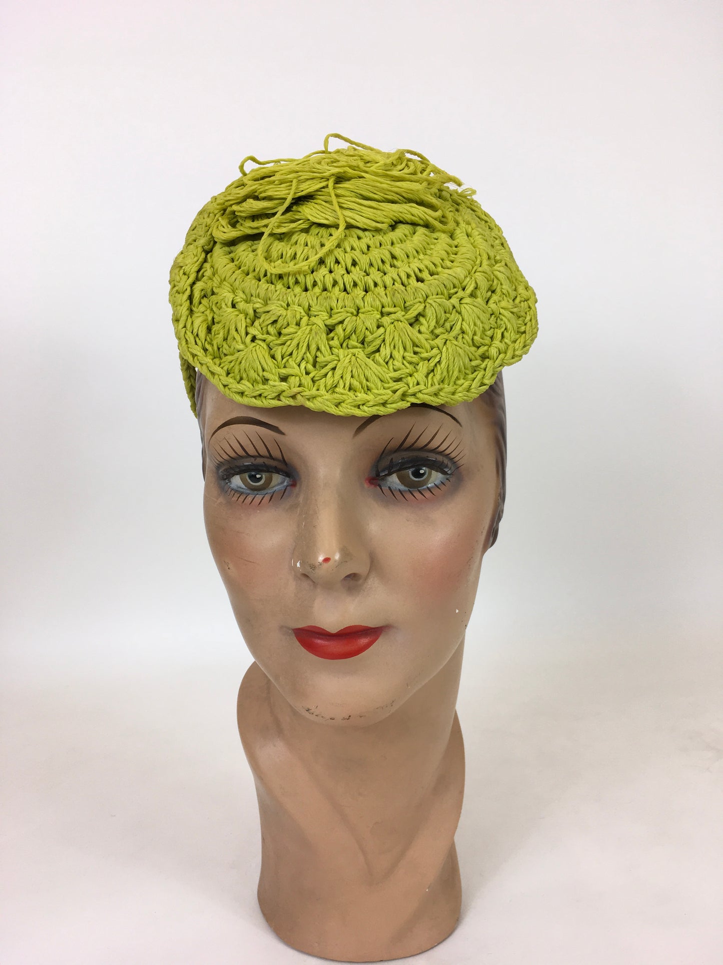 Original 1940's Fabulous Popcorn Crochet Headpiece - In A Sublime Chartreuse