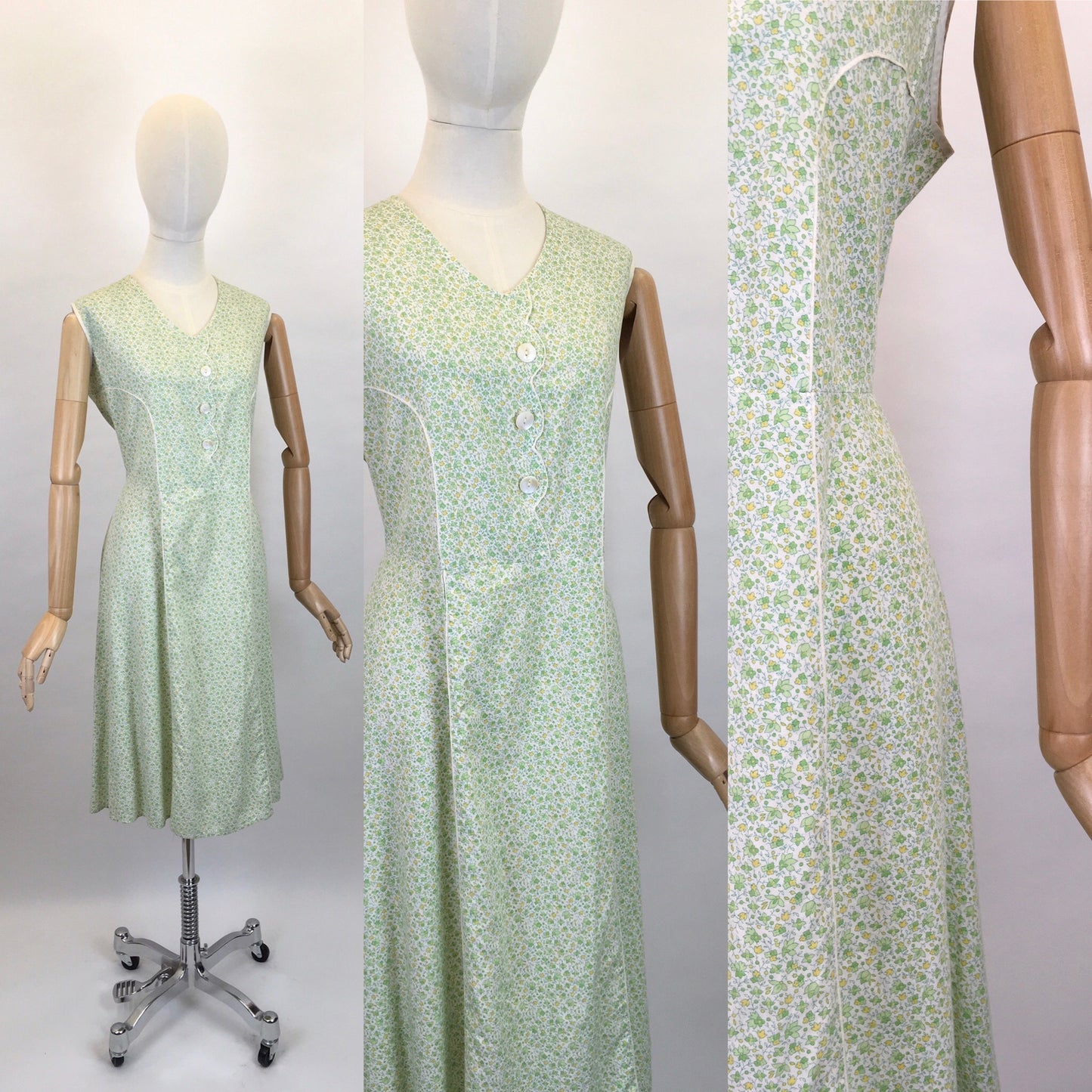Original 1930s Cotton Day Dress - In a Lovely Colour Pallet of Soft greens, Buttercup Yellows and White