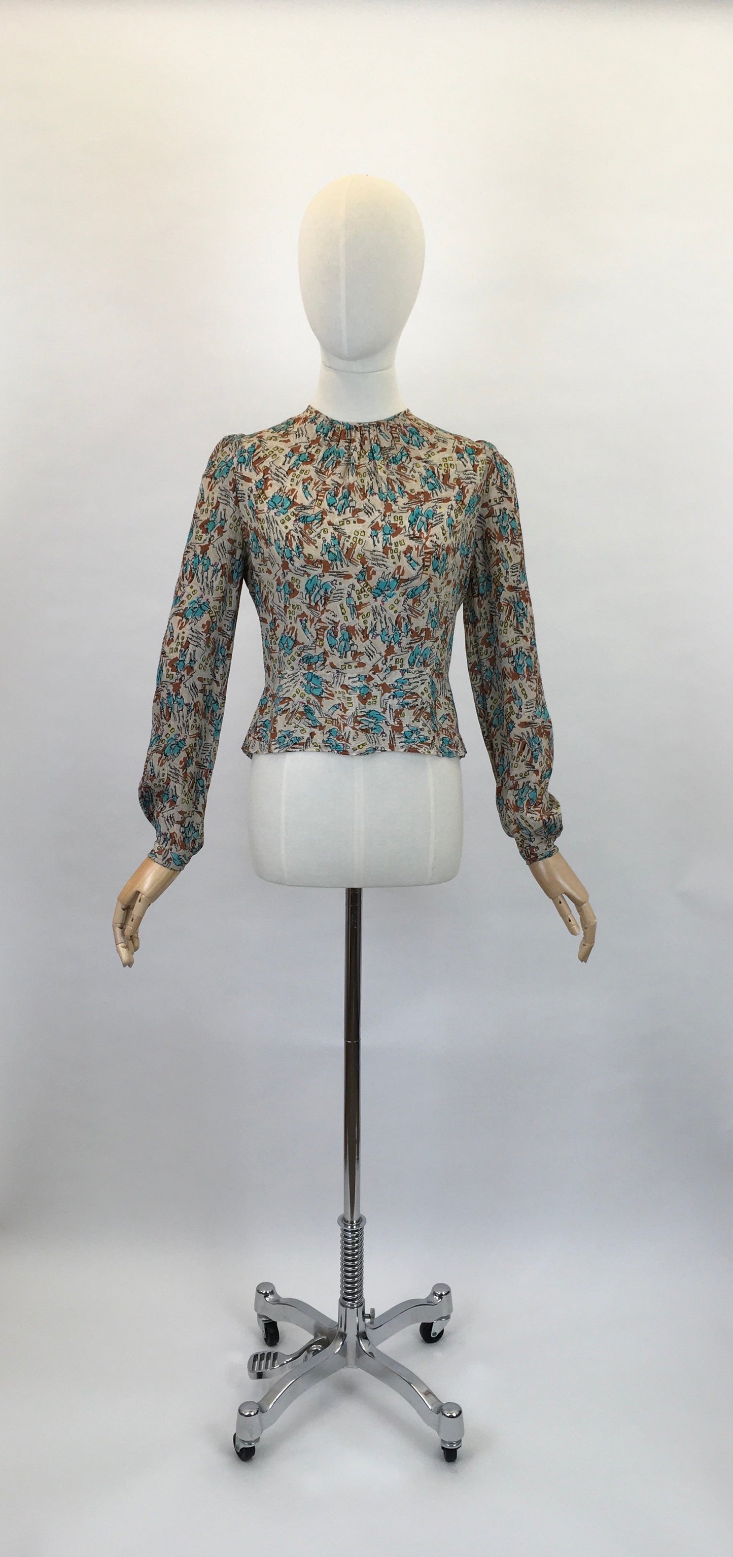 Original 1940’s ‘ Maxton’ Novelty Print Crepe Blouse - Featuring People, Buildings and Scribbles