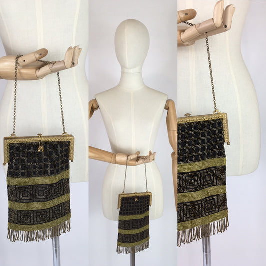 Original 1910s Chain Beaded Bag - In A Lovely Deco Pallet of Black and Gold