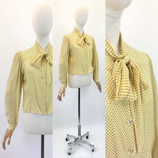 Original 1940's Darling Pussy Bow Blouse - In A Delightful Yellow Polka Dot Crepe