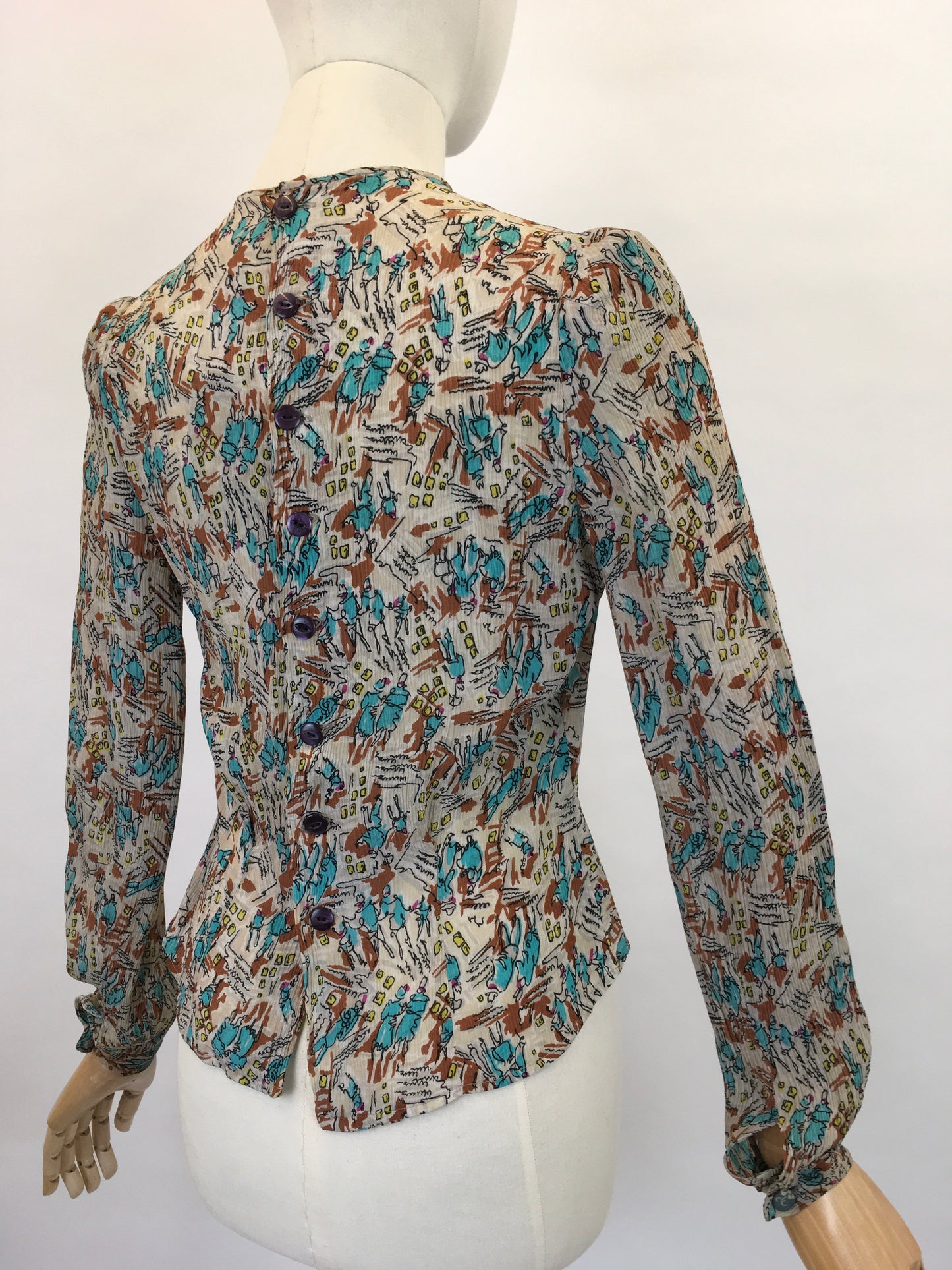 Original 1940’s ‘ Maxton’ Novelty Print Crepe Blouse - Featuring People, Buildings and Scribbles