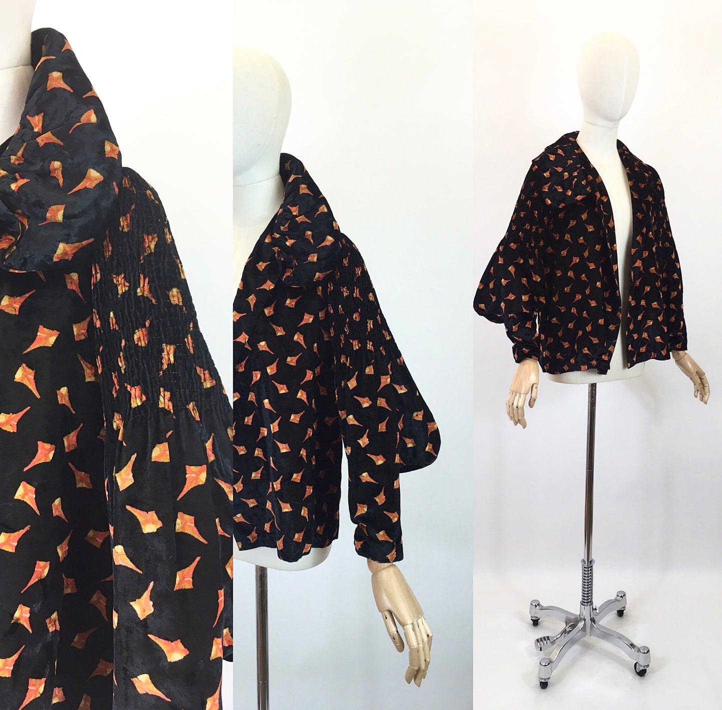 Original Late 1920's Early 1930's Stunning Silk Velvet Jacket - In An Art Deco Print in Burnt Orange And Old Gold