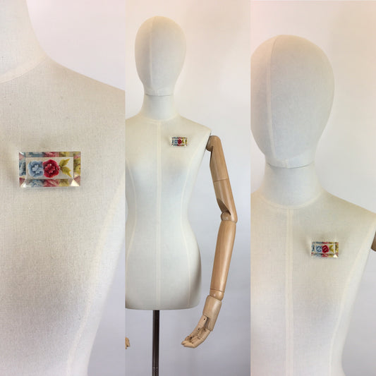 Original 1940’s Floral Reverse Carved Lucite Brooch - In A Red And Pale Blue with Green Leaves