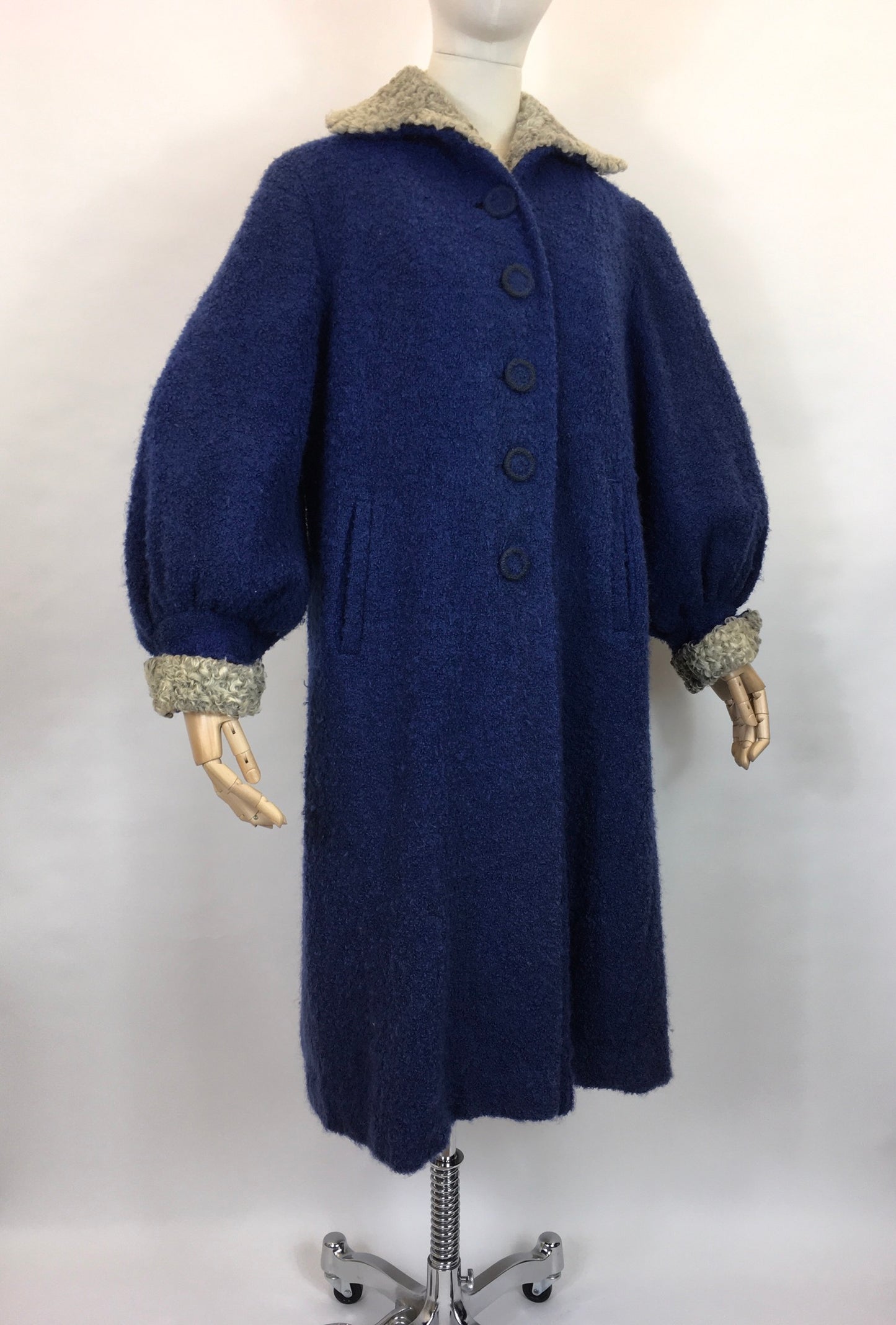 Original 1940’s Amazing Boucle Wool Coat with Astrakhan Trim - In a Royal Blue and Soft Grey
