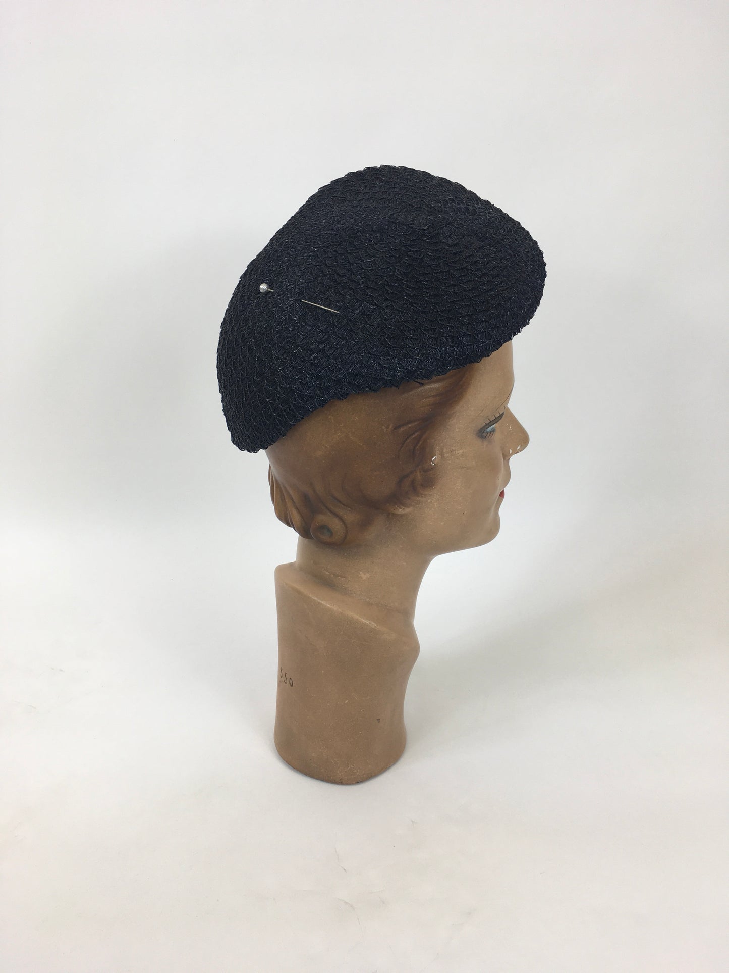 Original 1940's Navy Woven Raffia Hat - In a Sensational Shape with Hat Pin