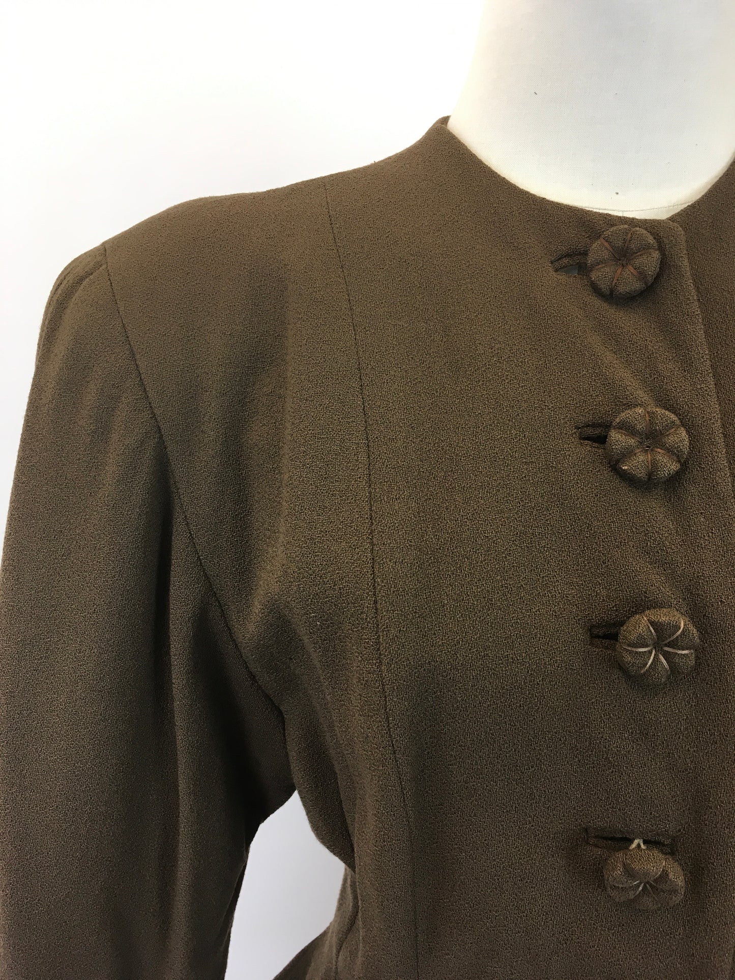 Original 1940's Stunning Crepe Jacket With Peplum - In Chocolate Brown with Flower Petal Buttons