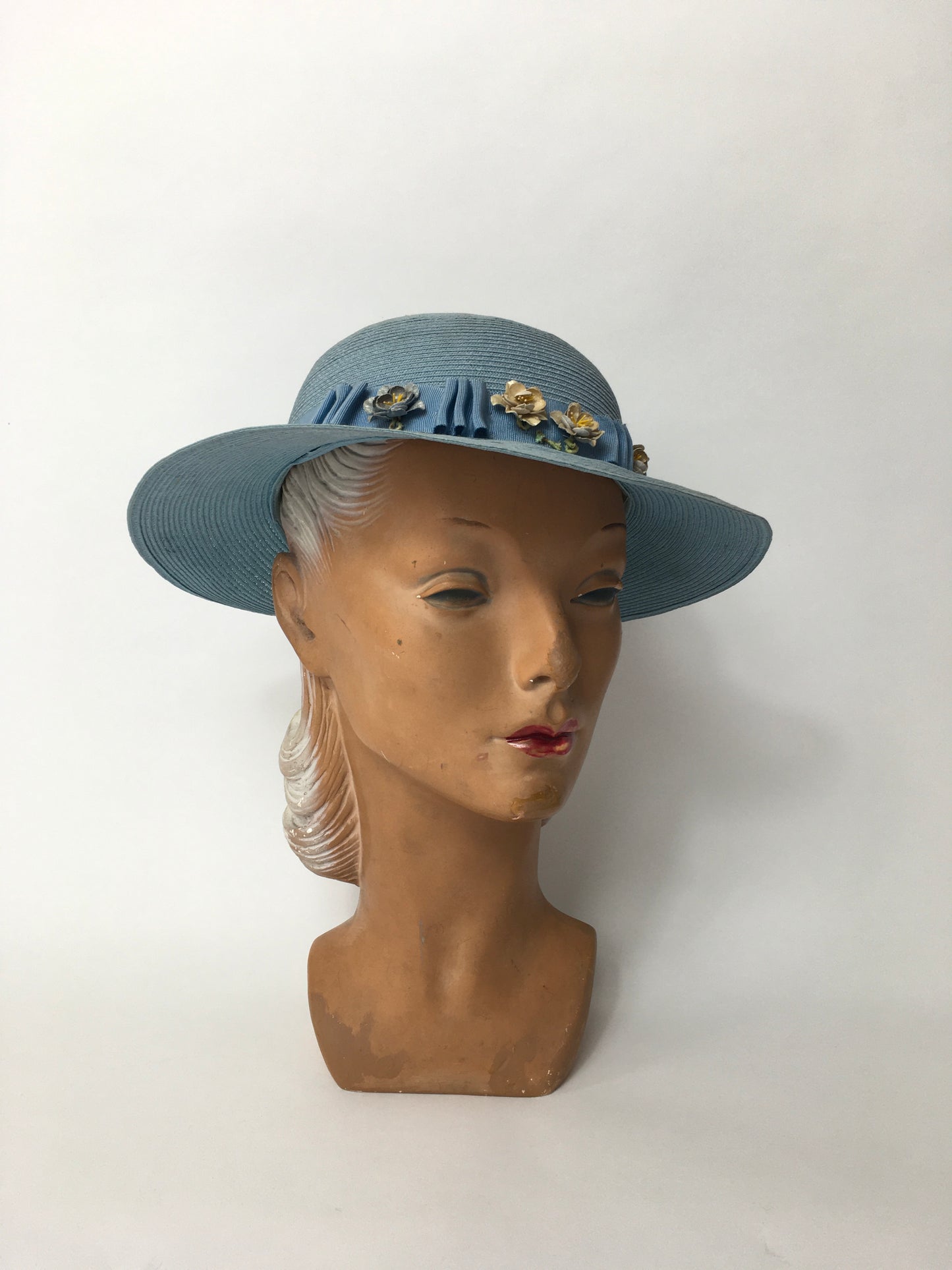 RESERVED FOR B - DO NOT BUY - Original Late 1930’s Cornflower Blue Hat with Original Cream Flowers - Festival of Vintage Fashion Show Exclusive