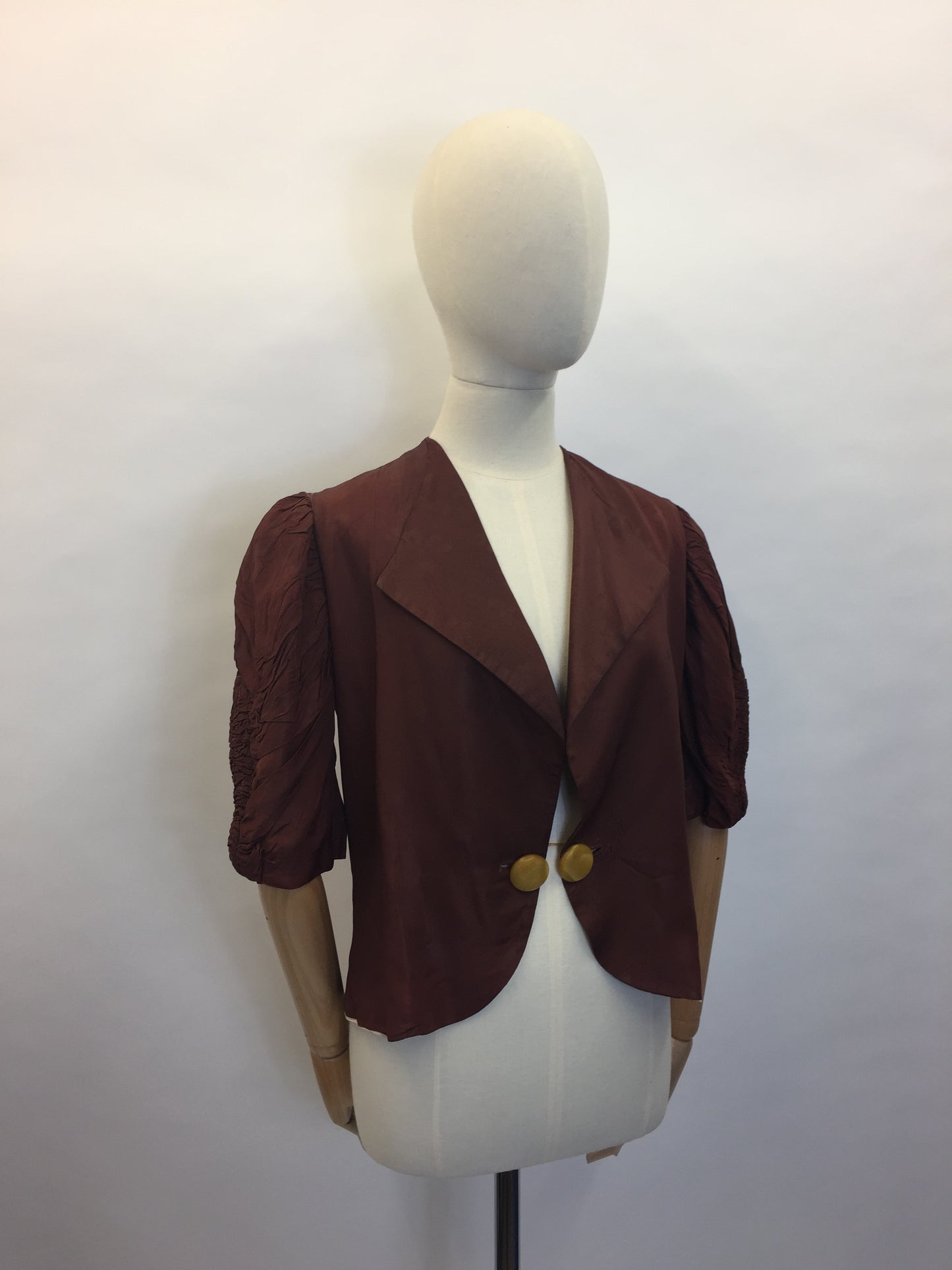 Original 1930’s Exquisite Brown Silk Jacket - Amazing Ruched sleeve detailing
