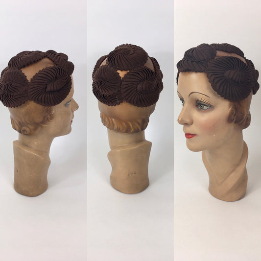 Original 1940’s Exquisite Grosgrain Headpiece - In A Warm Rich Brown