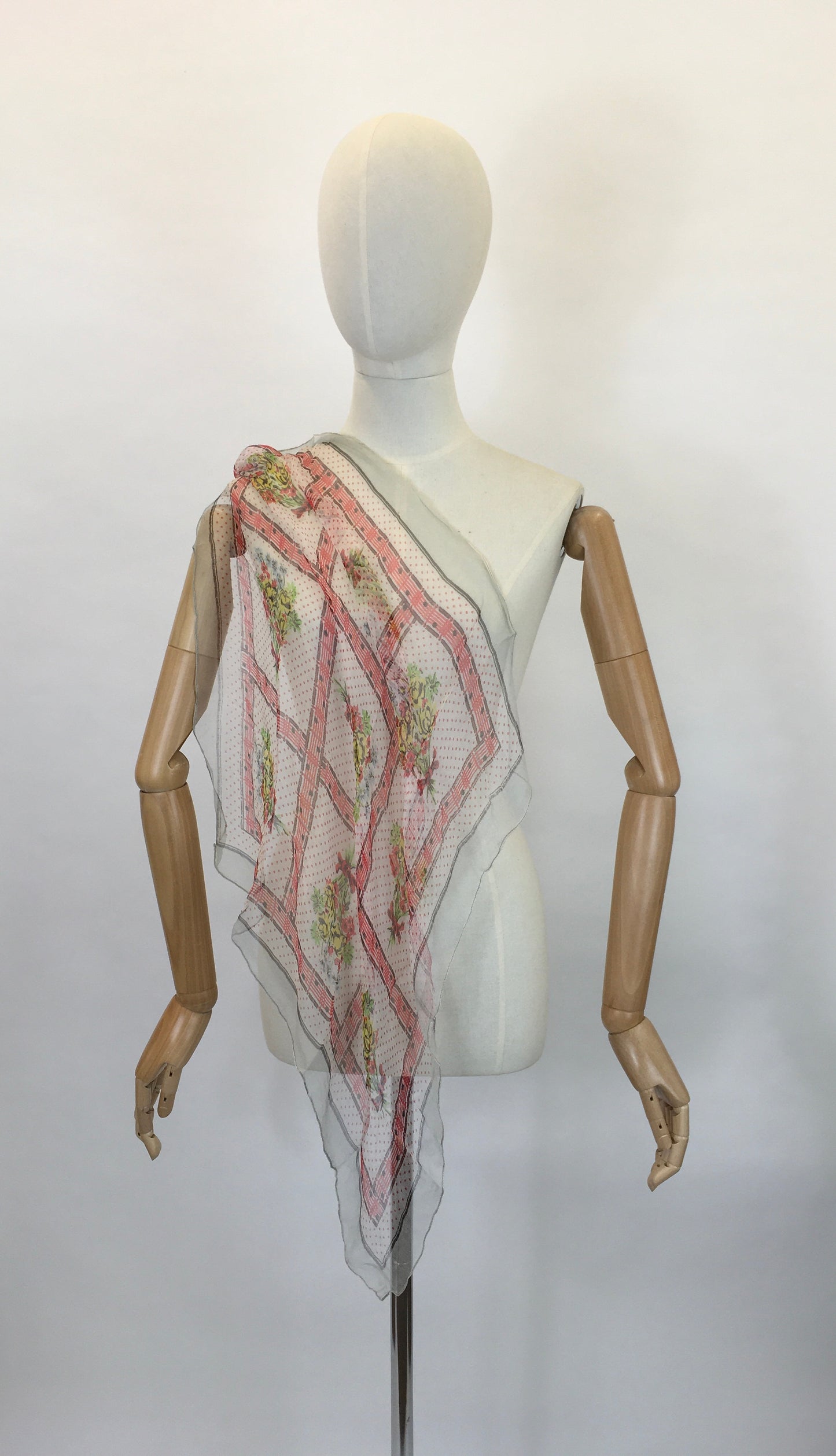 Original Early 1950’s Floral Chiffon Scarf - In Dainty Reds, Yellows, Greens and Blues
