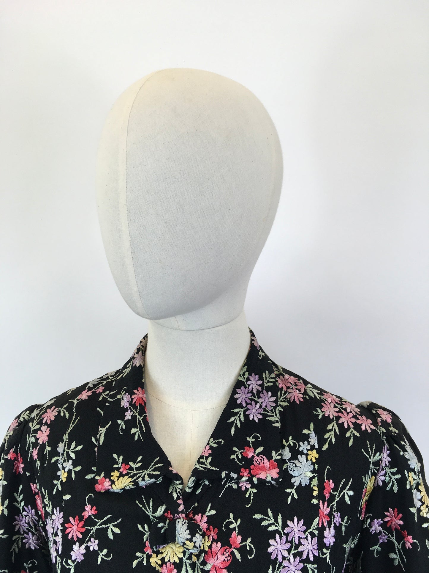 Original 1930’s Black Crepe Embroidered Blouse with Bows - In A Wild Flower Meadow Colour Pallet