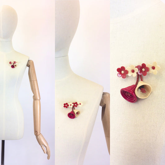 Original 1940's Celluloid Floral Bar Brooch - In Cream and Red with Dangling Bells