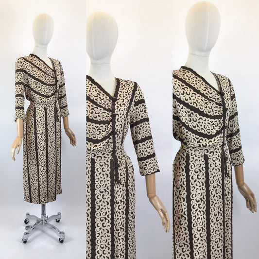 Original 1940’s Stunning Crepe Dress - In a Warm Brown and Old Cream