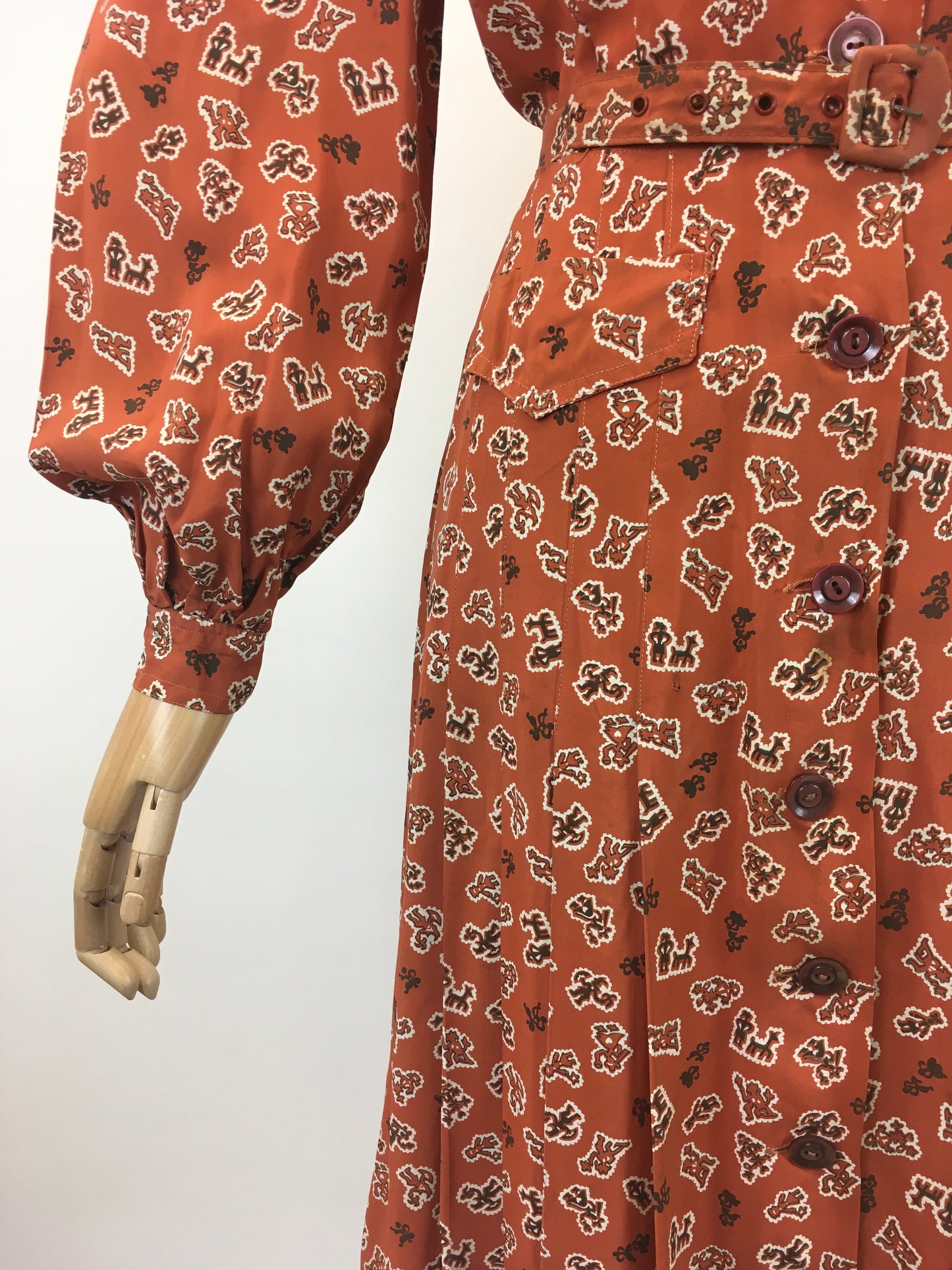 Original 1940's Gorgeous Novelty Print Dress - In A Cinnamon, Black and White Crepe De Chine