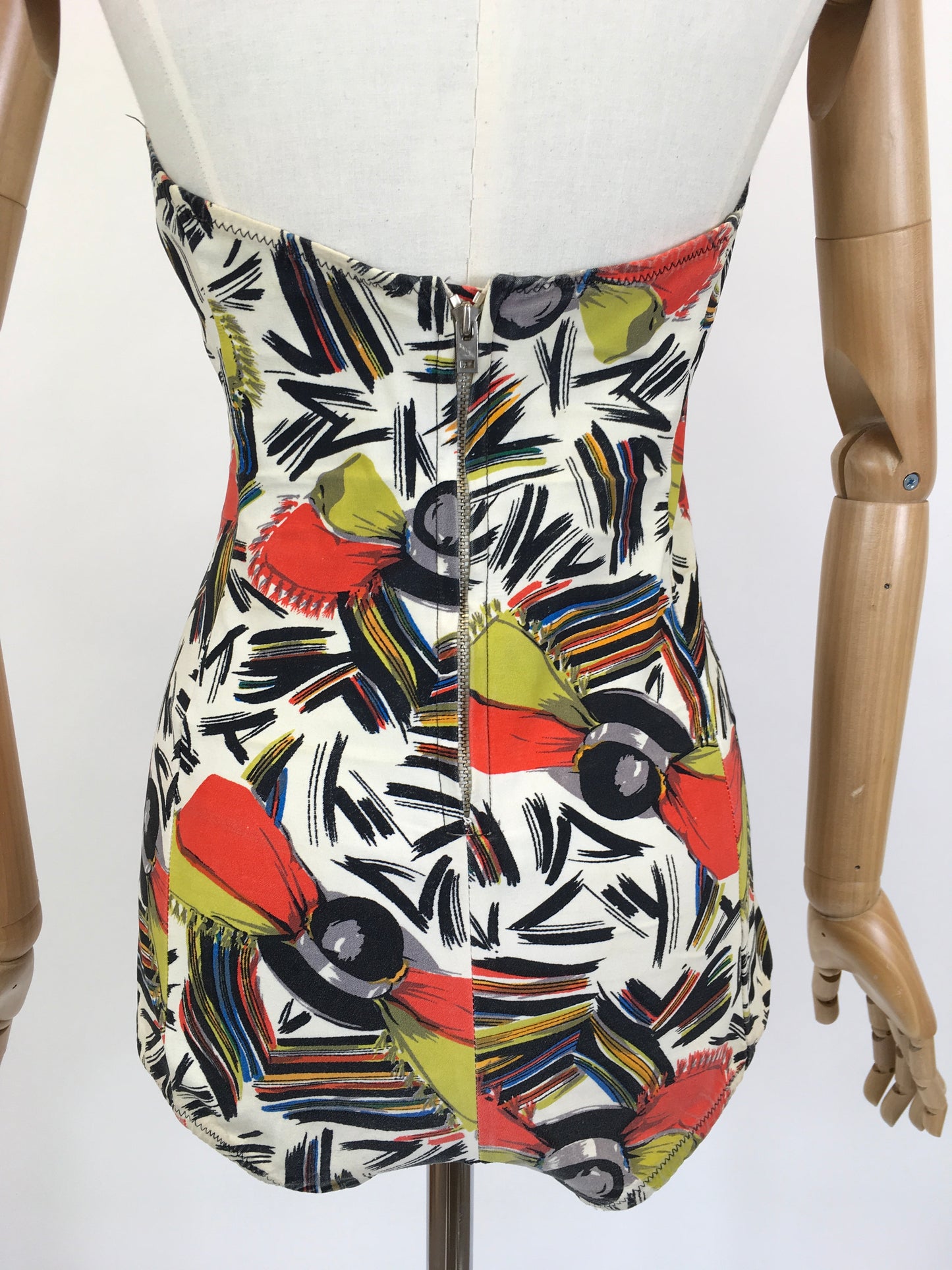 Original 1940’s Bathing Costume in A Fabulous Print - In Painted Black, Chartruese, Orange, White and Teal