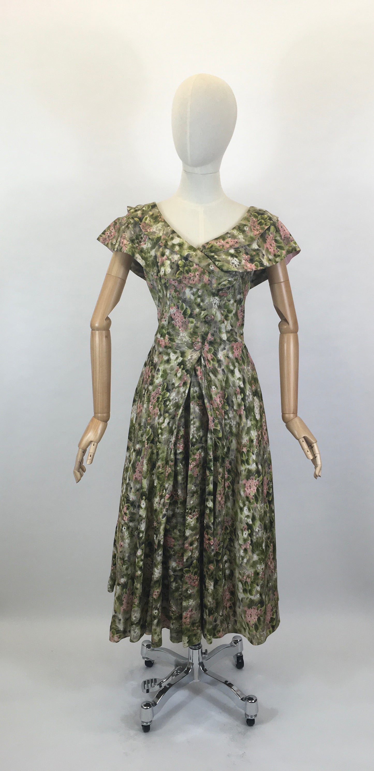 Original 1950’s Stunning Silk Party Frock - In A Beautiful Pink & Green Floral