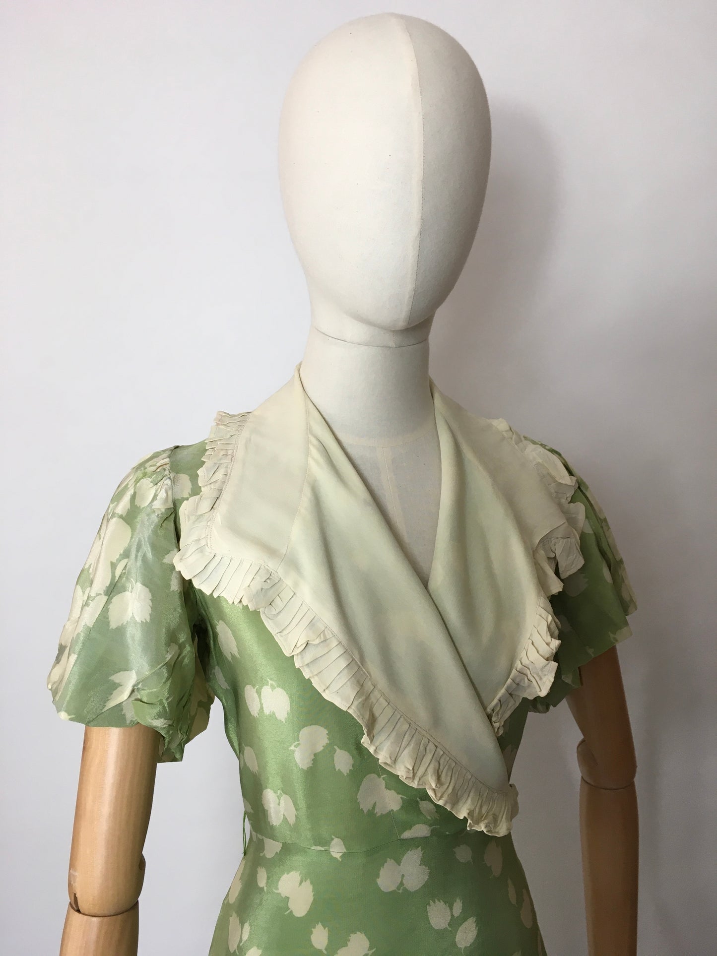 Original 1930’s Exquisite 1930’s Dress with Wrap Bodice and Contrast Collar with Frill Detailing - Festival of Vintage Fashion Show Exclusive