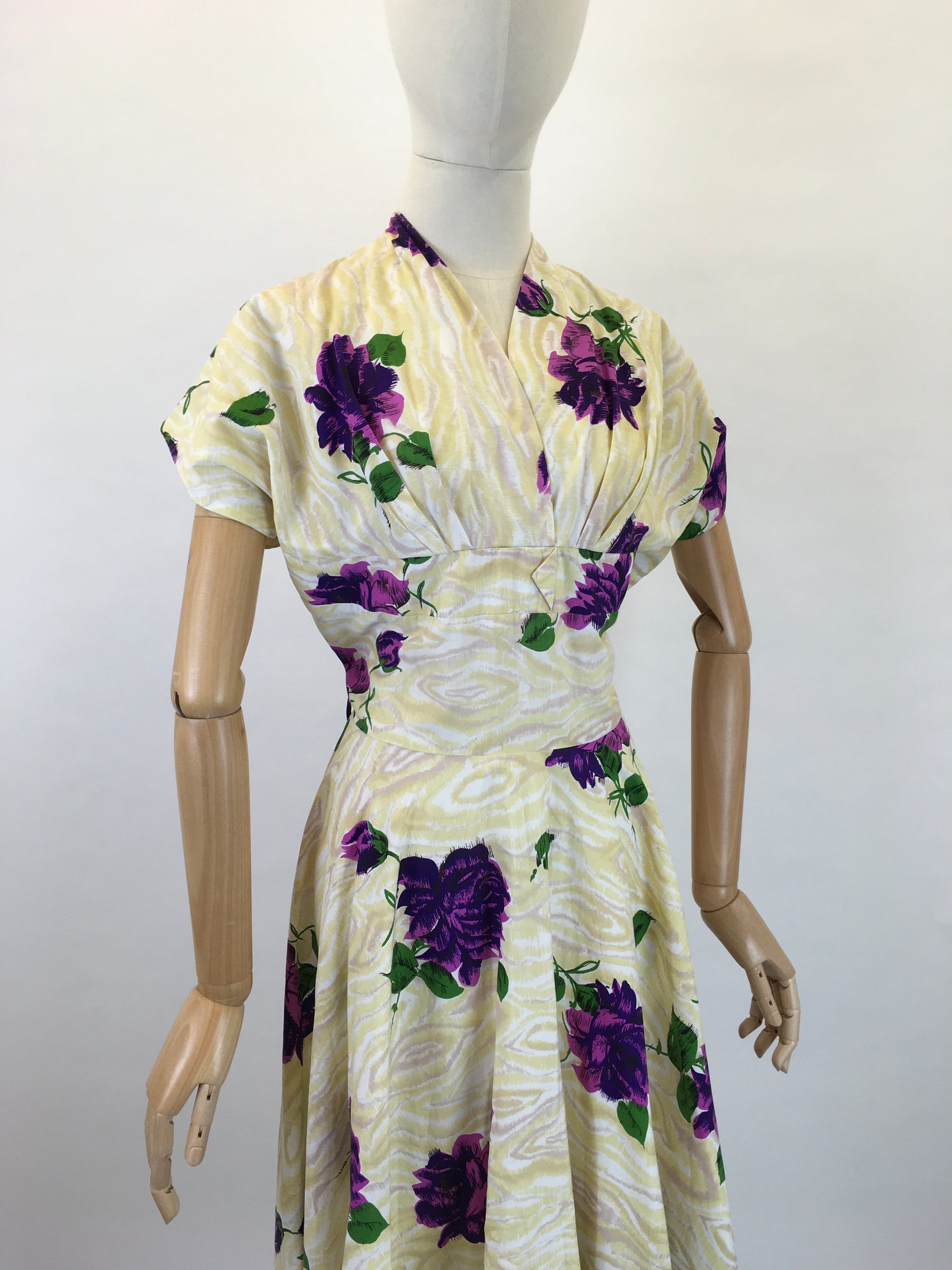 Original 1950s Darling Dress By ‘ Coopella’ - In a Lightweight Cotton In Yellow Swirls with Rich Purple Roses