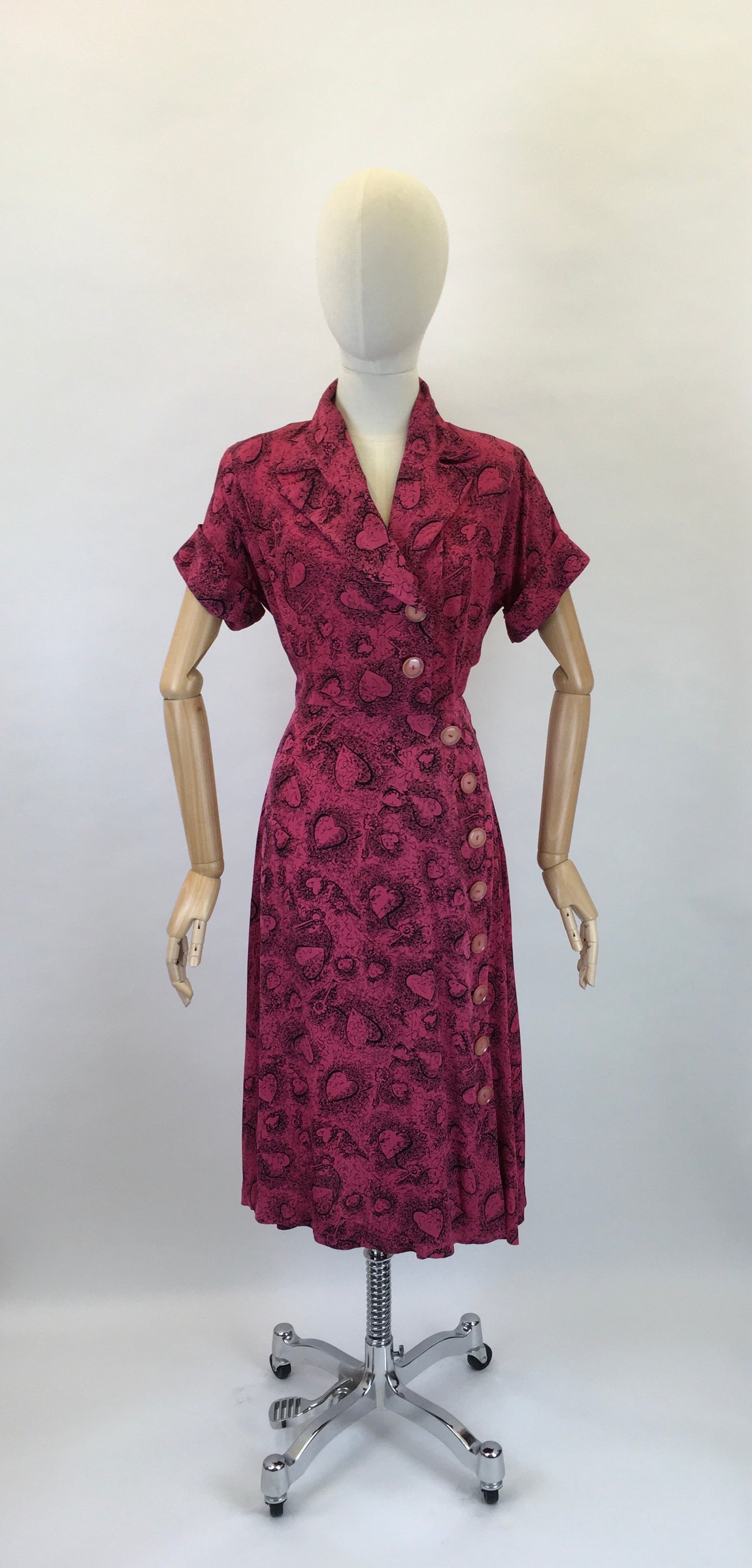 Original 1940s STUNNING Novelty Print Rayon Dress - Love Heart and key Illustrations In Rich Magenta and Black