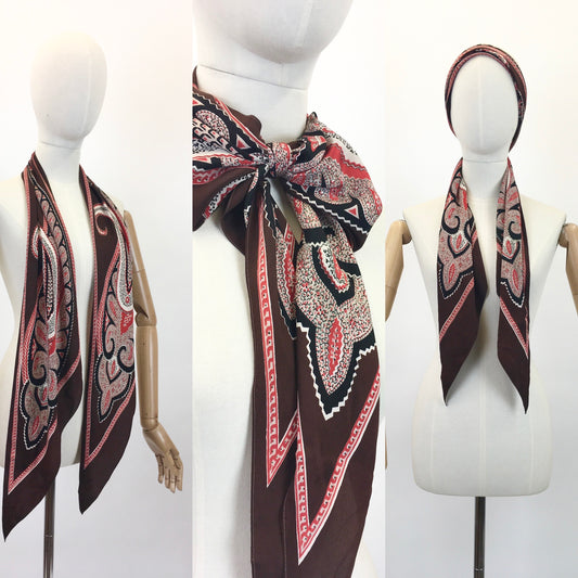 Original 1930's Art Deco Silk Rayon Paisley Pointed Scarf - In Warm Browns, Reds, Black and White