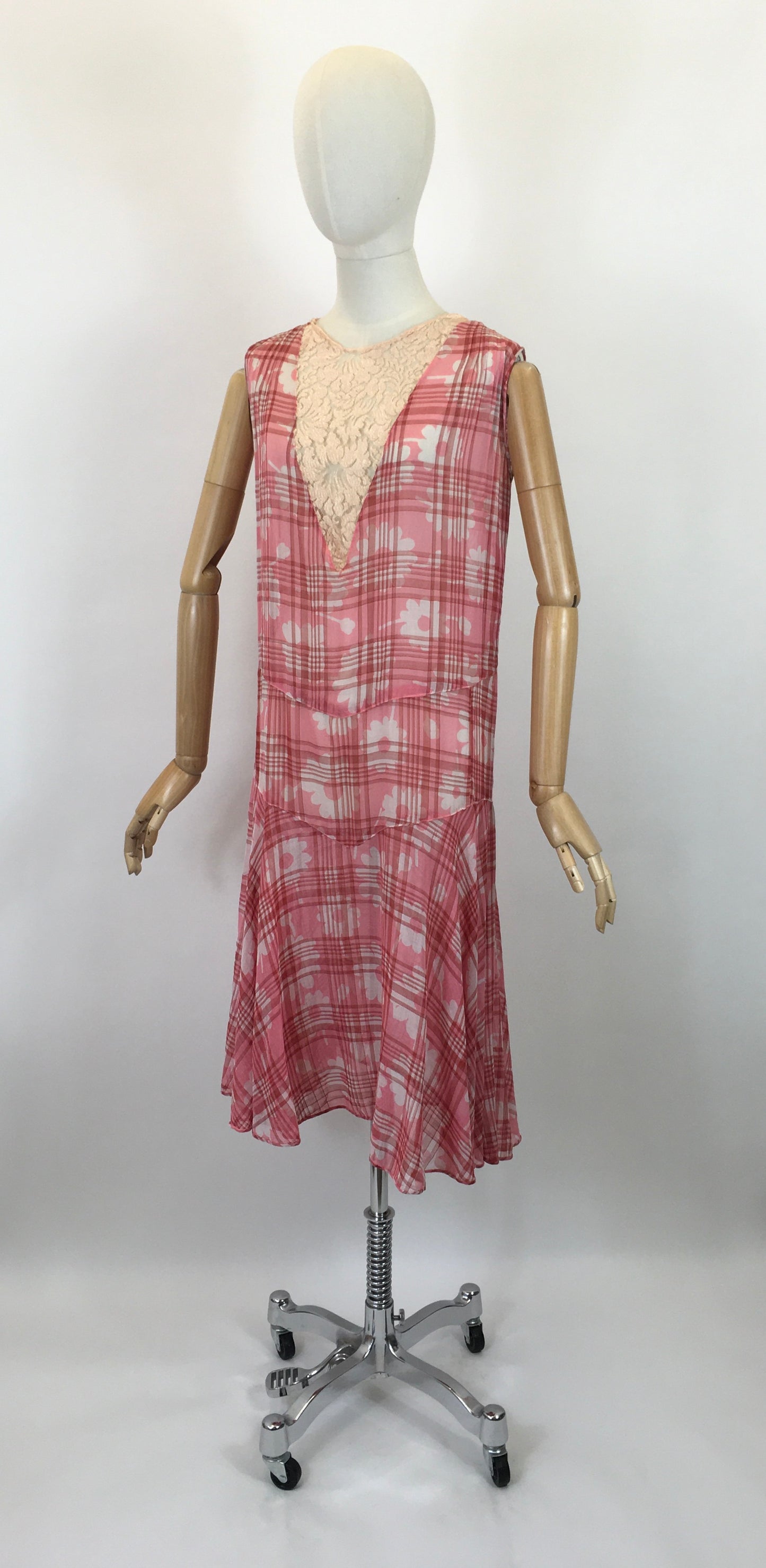 Original 1920's Darling Cotton Lawn Day Dress - In A Rose Pink Floral and Plaid Cloth