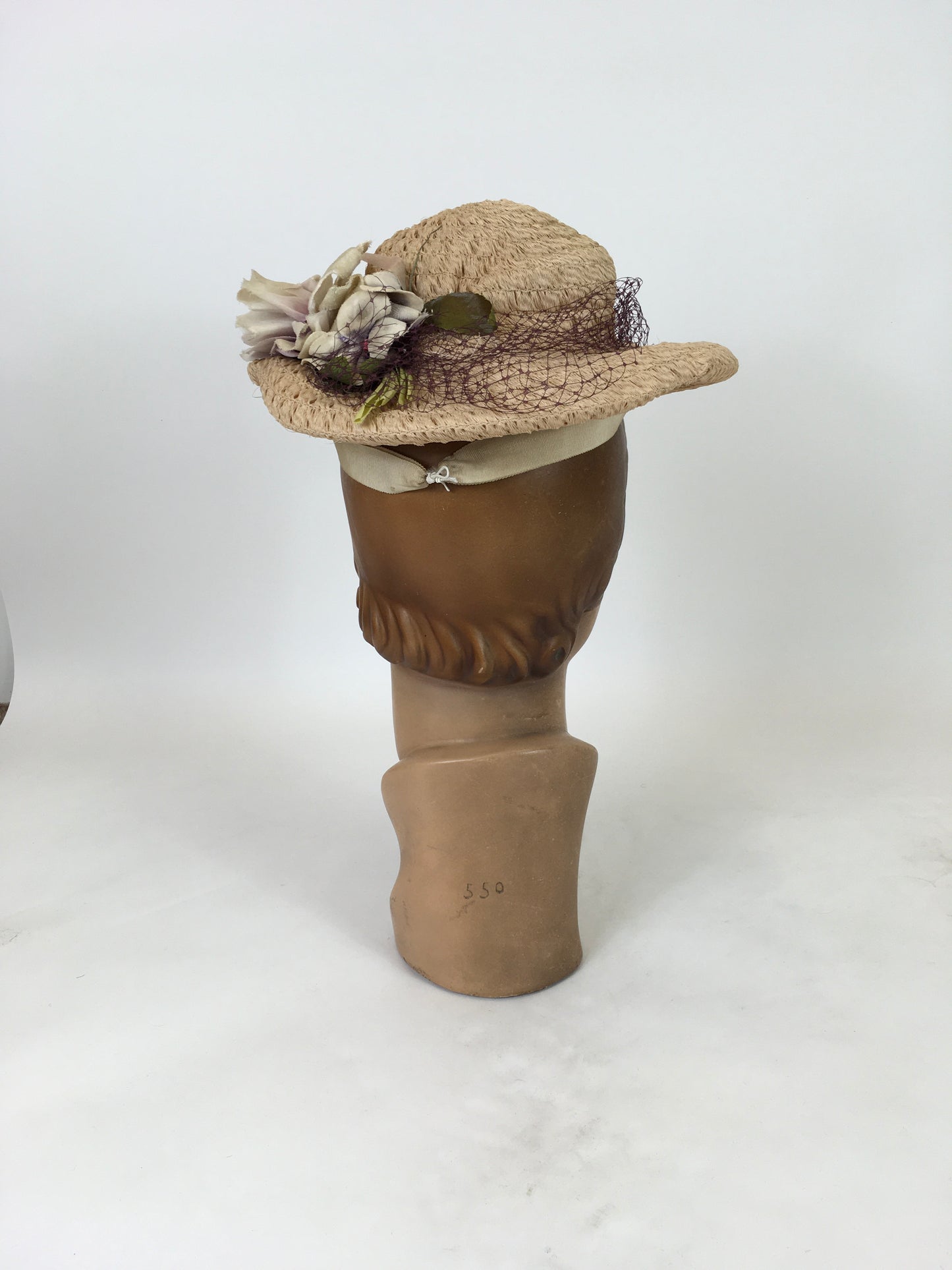 Original Late 1930's Darling Soft Raffia Hat - In A Pale Pink with Velvet Millinery and Deep Lavender Veiling