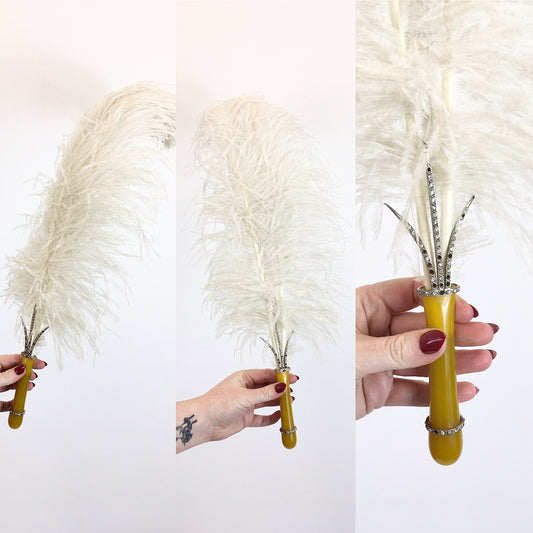 Original 1920's Fabulous Single Feather Plume with Encrusted Early Plastic Handle - Worn in 1926 To a Brides Evening Celebration