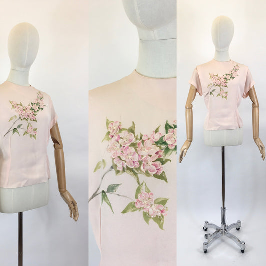 Original 1940’s Darling Rayon Blouse in Soft Peach - With Painted Floral & Beadwork Embellishments