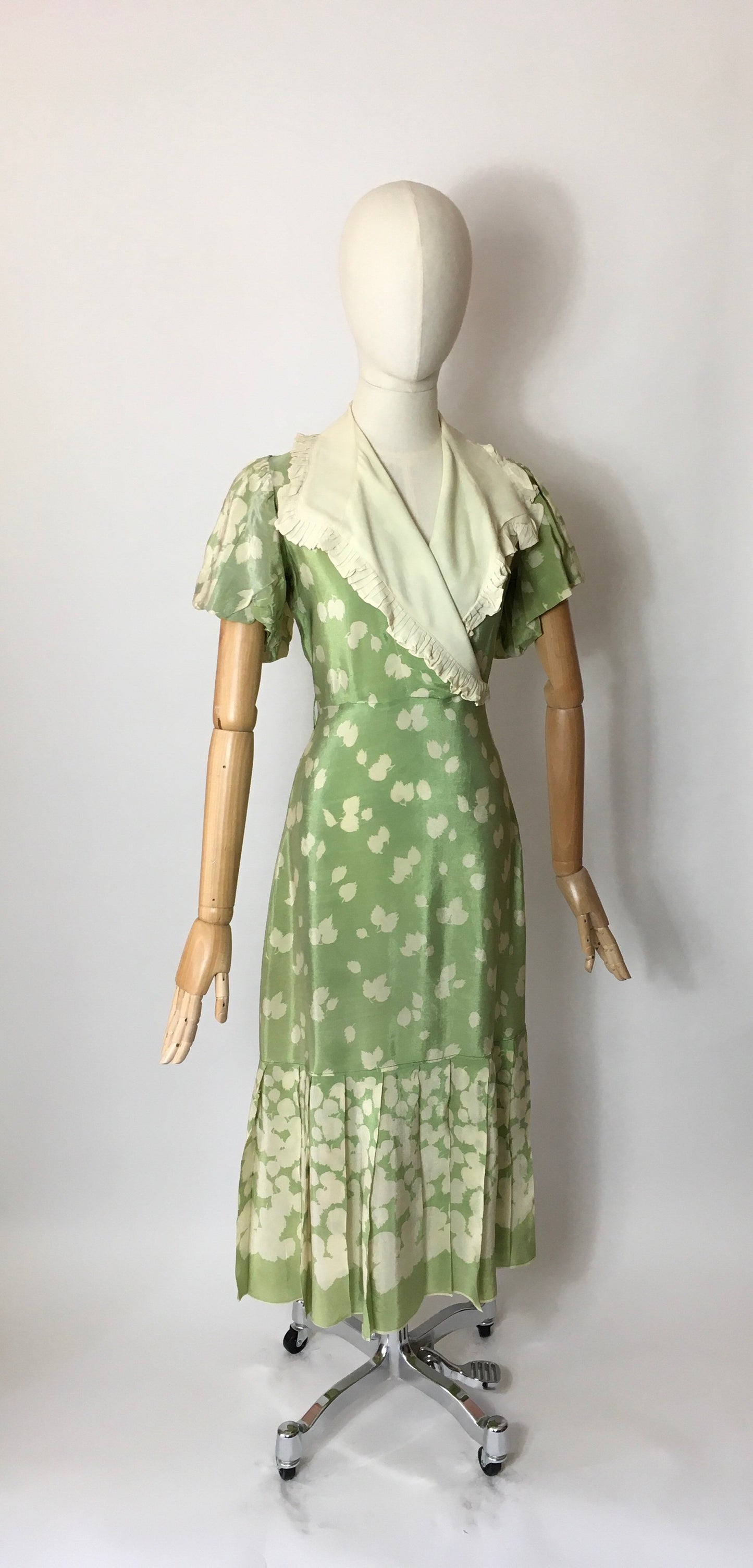 Original 1930’s Exquisite 1930’s Dress with Wrap Bodice and Contrast Collar with Frill Detailing - Festival of Vintage Fashion Show Exclusive