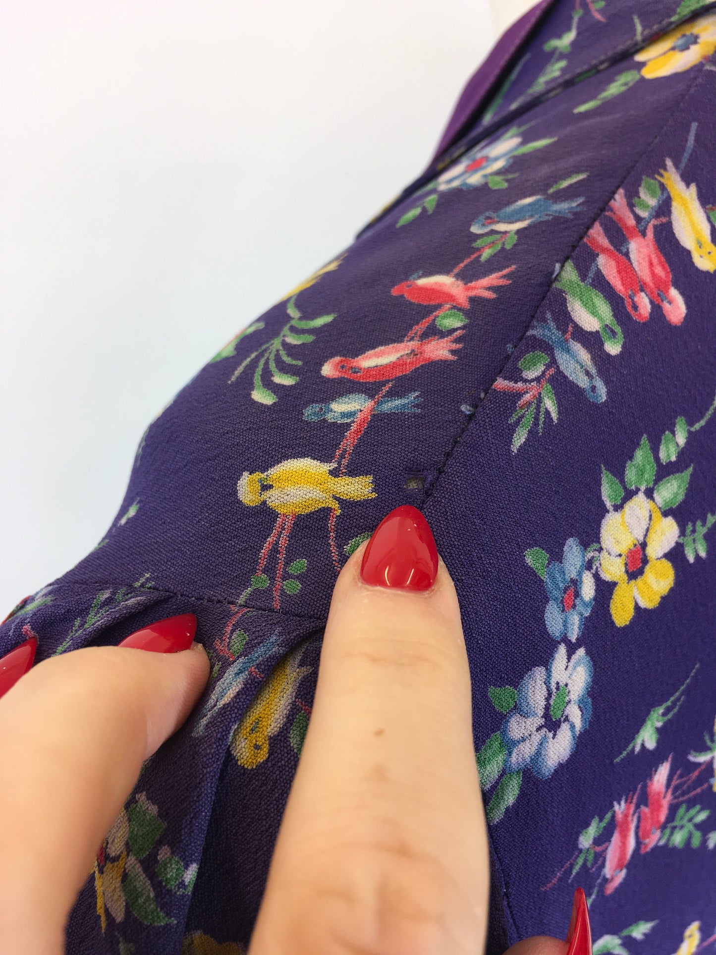 Original 1940s AS IS Novelty Print Crepe Dress - With Birds And Flowers in Rainbow colours