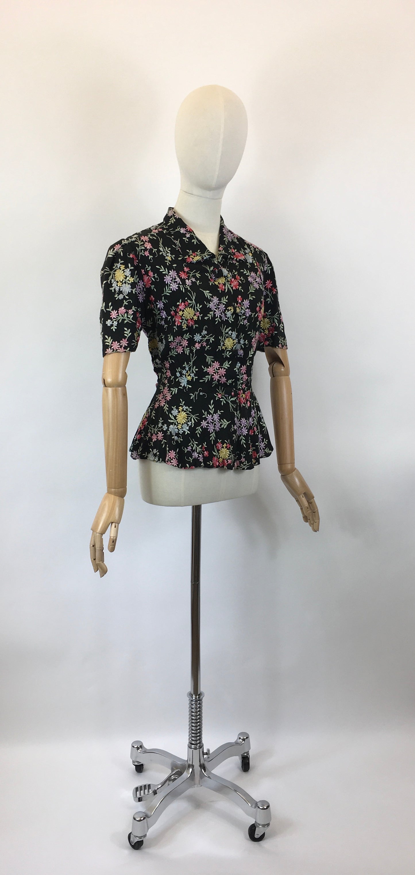 Original 1930’s Black Crepe Embroidered Blouse with Bows - In A Wild Flower Meadow Colour Pallet