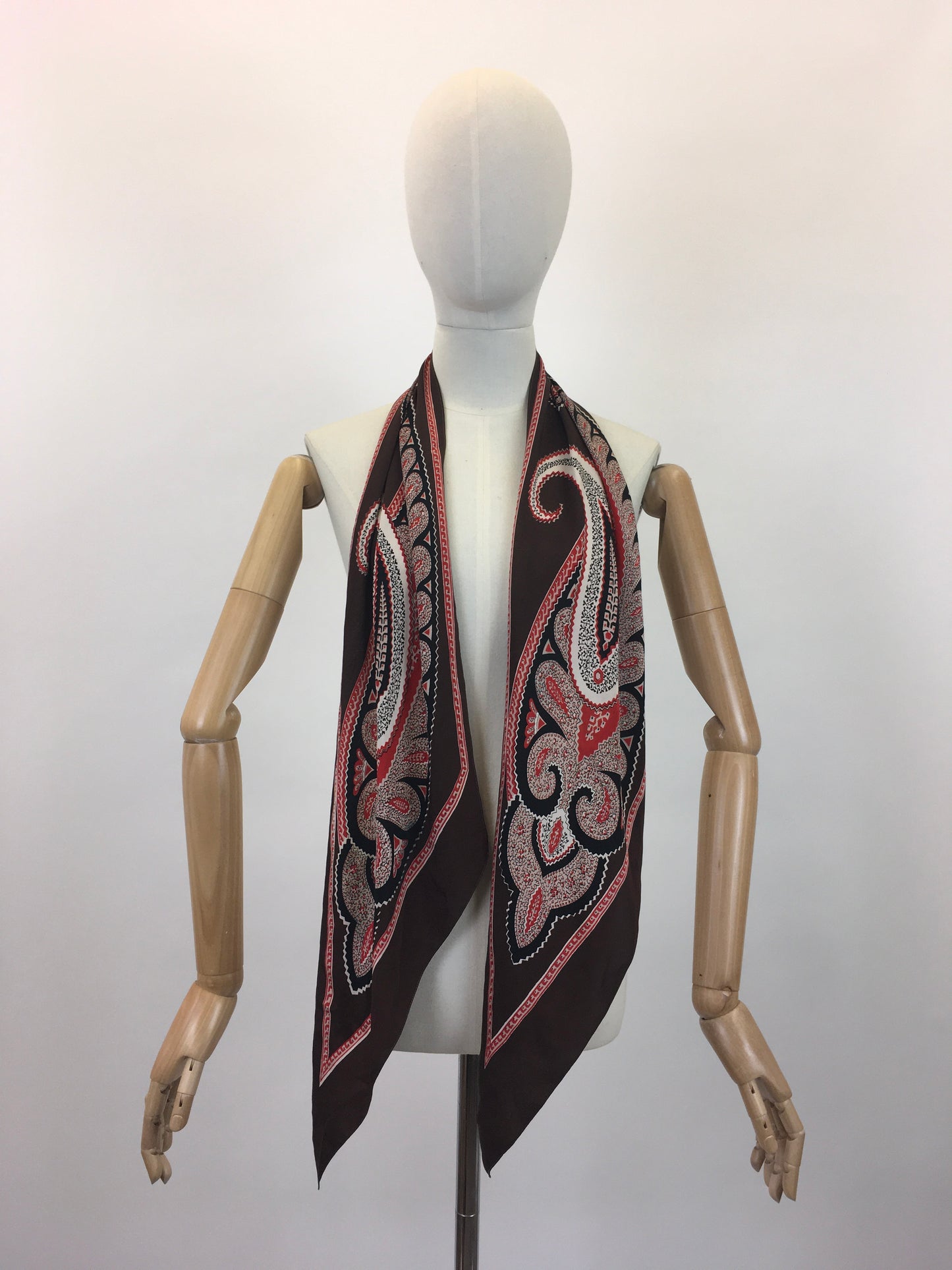 Original 1930's Art Deco Silk Rayon Paisley Pointed Scarf - In Warm Browns, Reds, Black and White